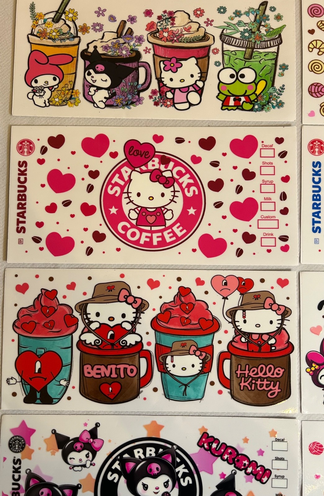 Set of 8 Hello Kitty Stitch Coffee Hearts Transfer Cup Wraps