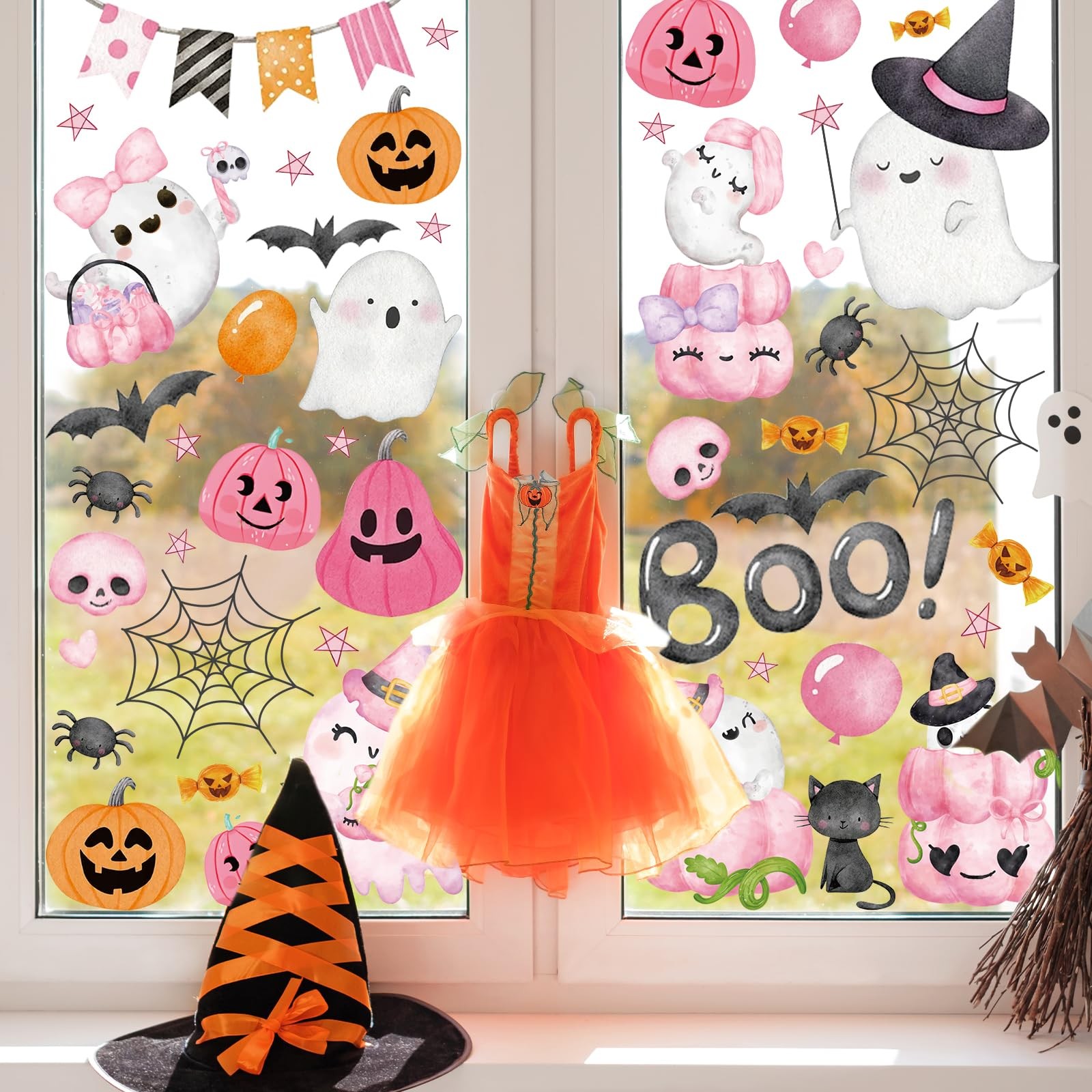 JarThenaAMCS 9 Sheets Halloween Window Cling Stickers 7.9 x 11.8 inch, Pink