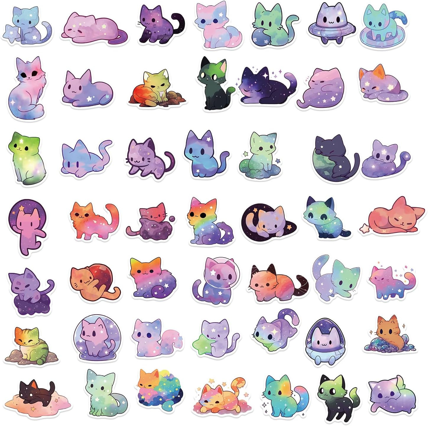 Cute Night Sky Cats Stickers for Kids Teens Adults, 50Pcs Cool Rainbow Starry Sk