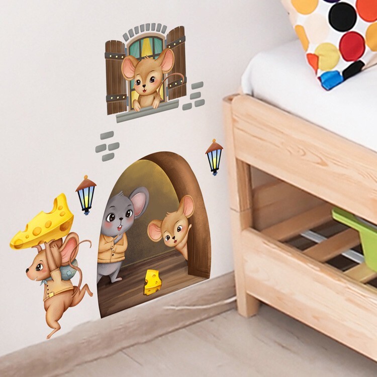 3D Mouse Hole Realistic Wall Sticker Cartoon Decal Kids Fun Vinyl Art Home Decor