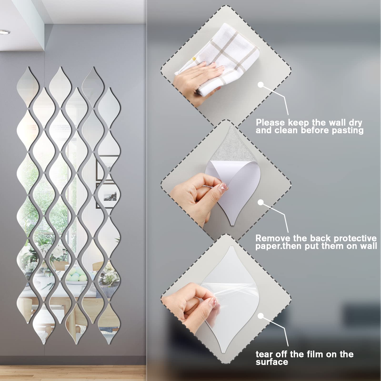 Weysat 30 Pcs Mirror Wall Stickers Decor Acrylic 3D Tear Drop Silver