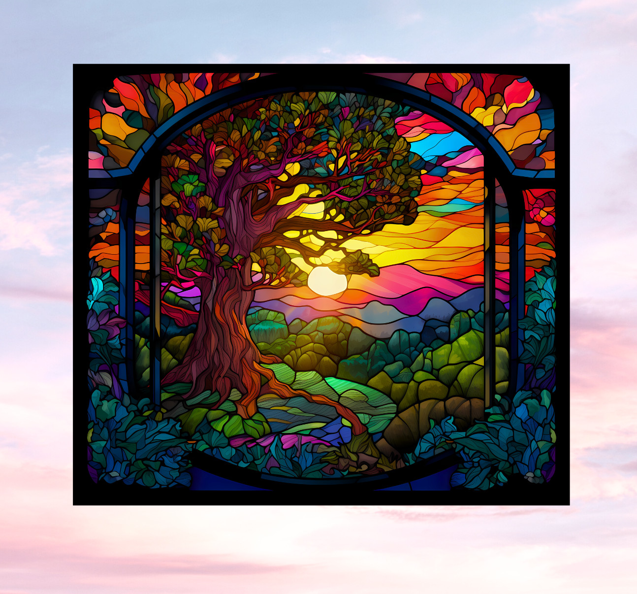 Tree at Sunset Faux Stained-Glass WINDOW CLING Size 9" Repositionable Vinyl