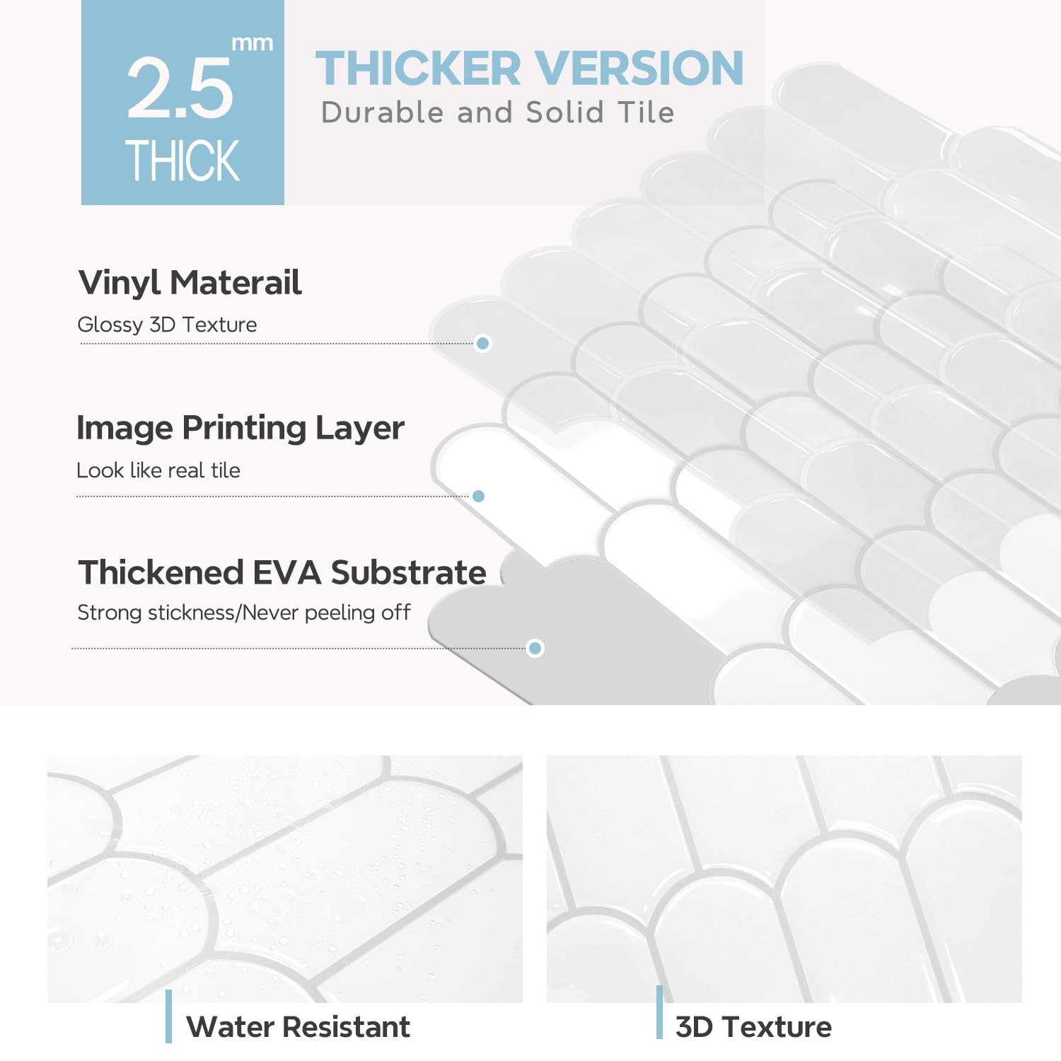 Upgraded Thicker Design Peel and Stick Backsplash Tile, 10-Sheet White with G…