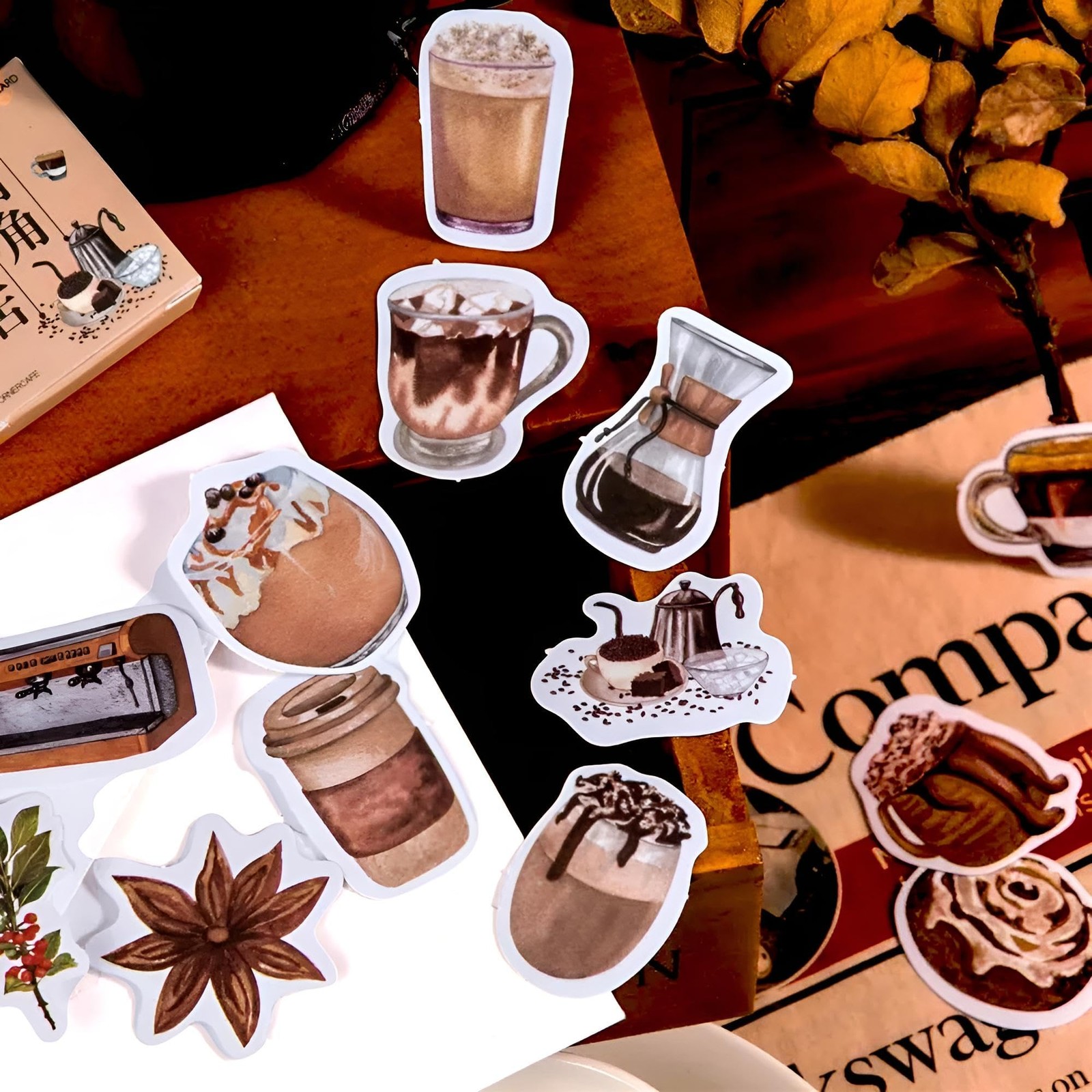 Small Size Coffee Stickers, 46pcs Boxed DIY Decoration Theme Beige