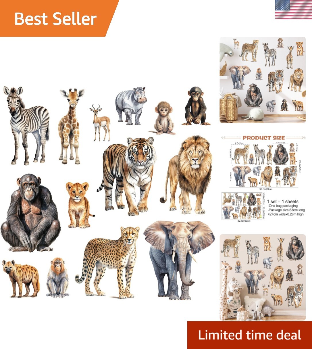 Jungle Animals Wall Decals Stickers Kids Room Nursery Decor Removable Waterproof