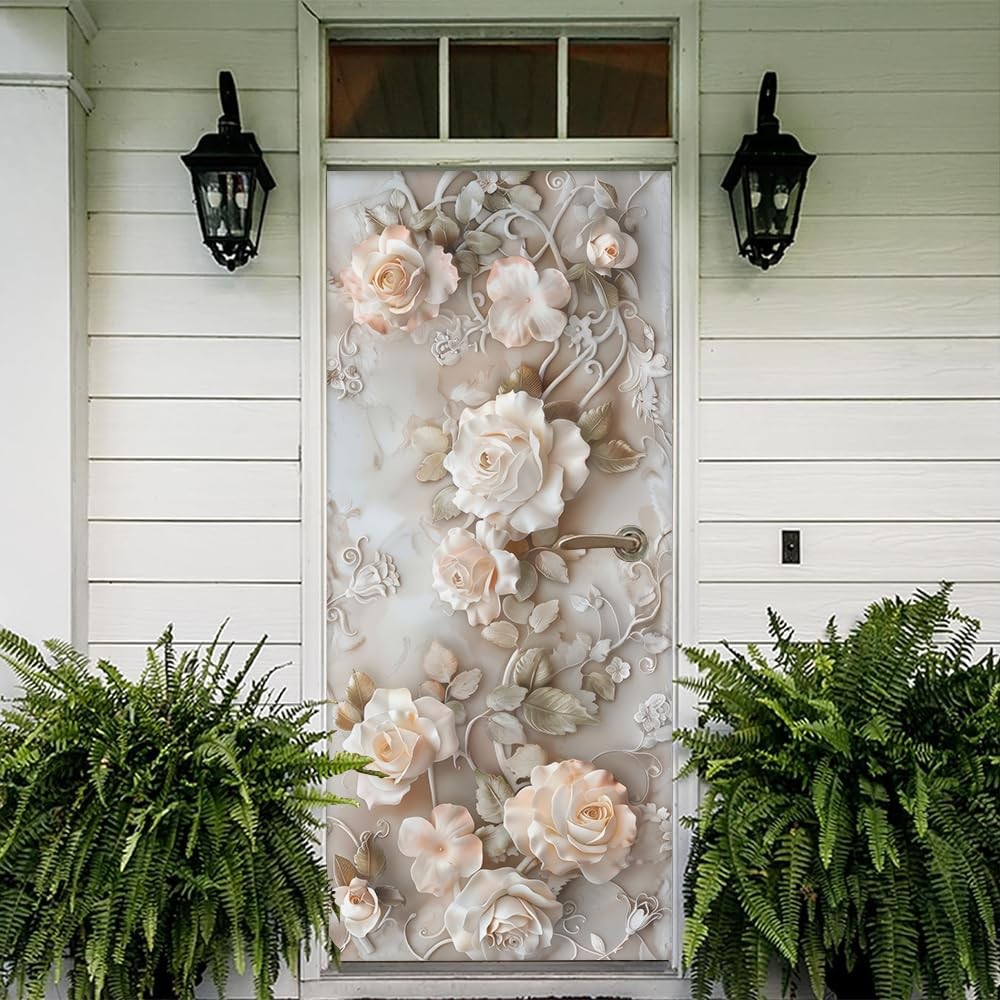 REDAMANCY Modern Ivory Pink White Rose Florals Peel and Stick Door Stickers V…