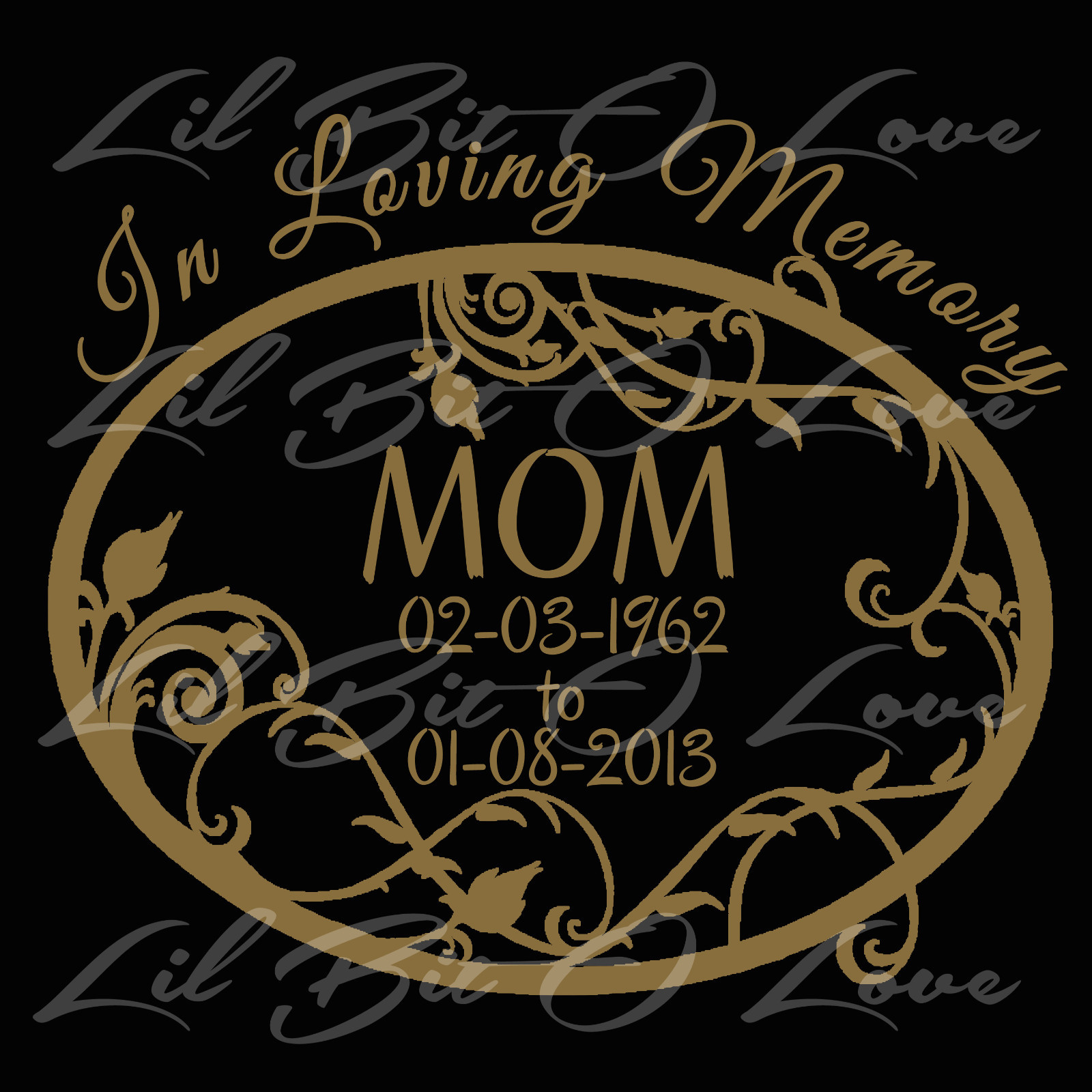 PERSONALIZED IN LOVING MEMORY VINYL DECAL WITH FILIGREE OVAL & NAMES AND DATES