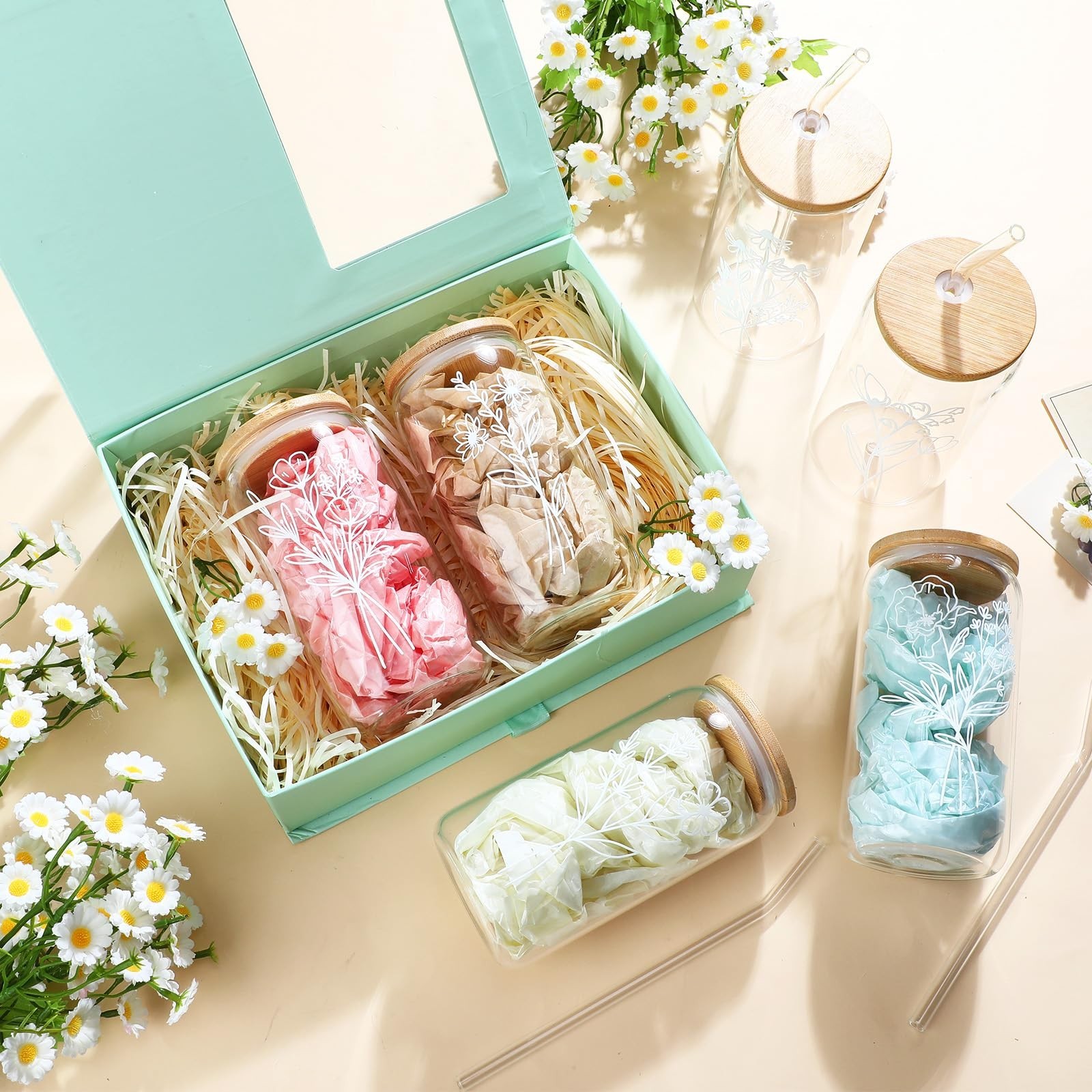 8 Pcs Spring Floral Glass Cups with Lids and Straws 16 oz Cute Flower Iced Co…