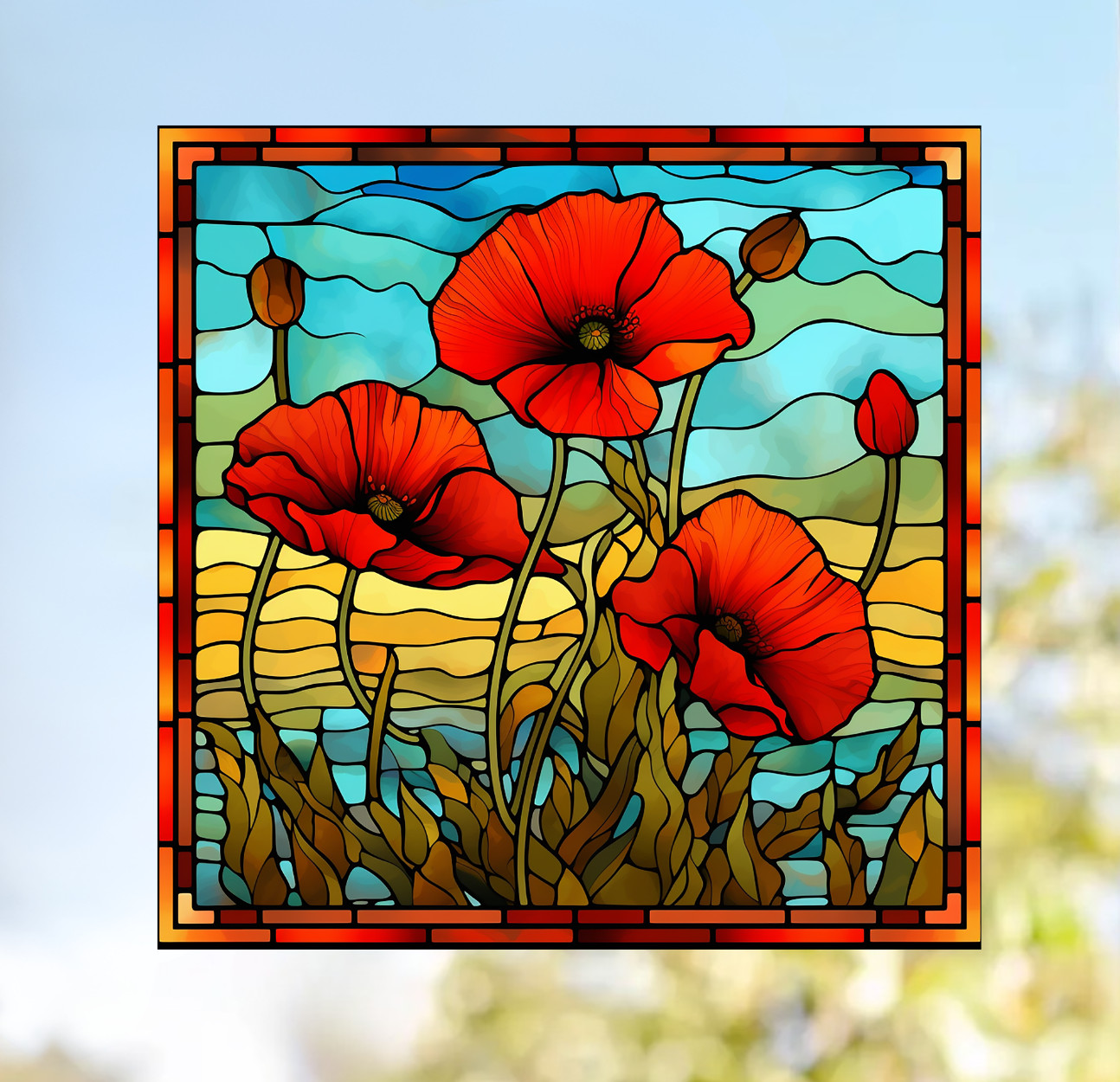 Poppy Faux Stained-Glass WINDOW CLING Size 10.6" Arch Shape ~ Vinyl