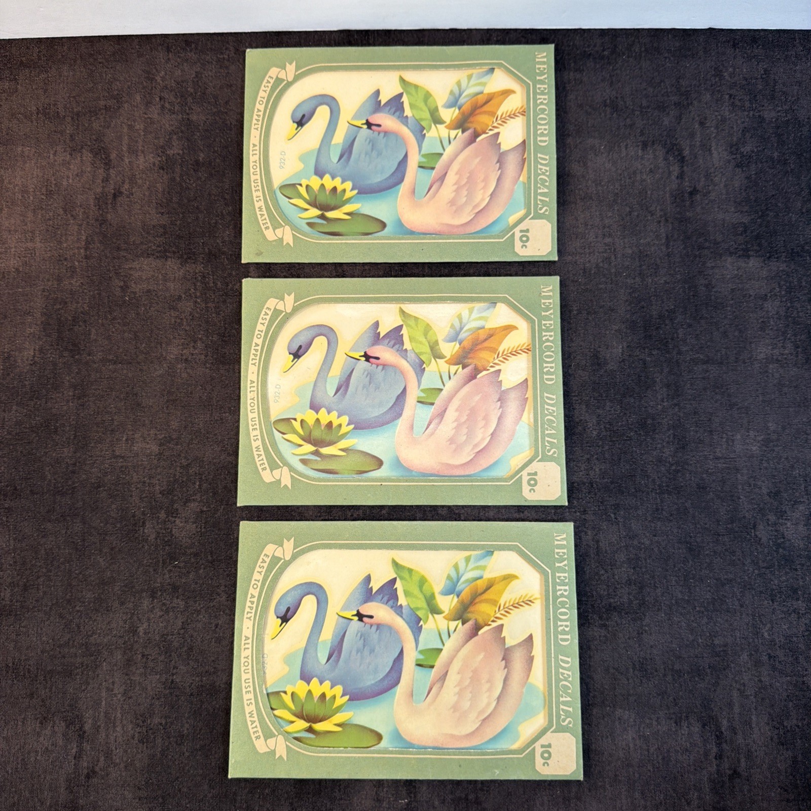 3 Meyercord Light Blue & Pink Swan Decals, Water Scene,Unused,Retro, Kitsch,MCM