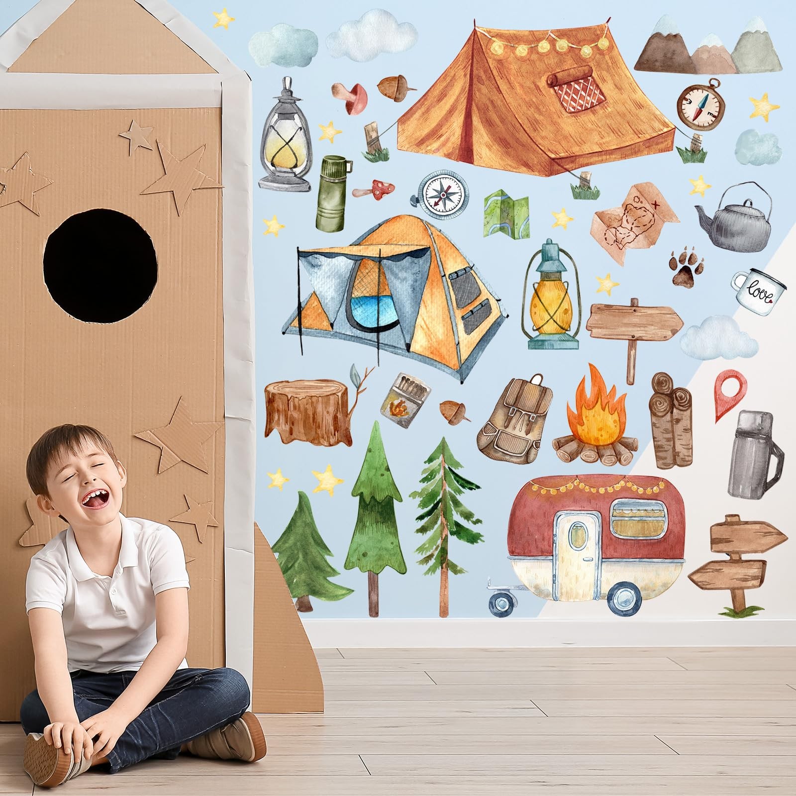 Trandraft 2 Sheet 64 Pcs Camping Wall Decals Stickers As Picture Shown