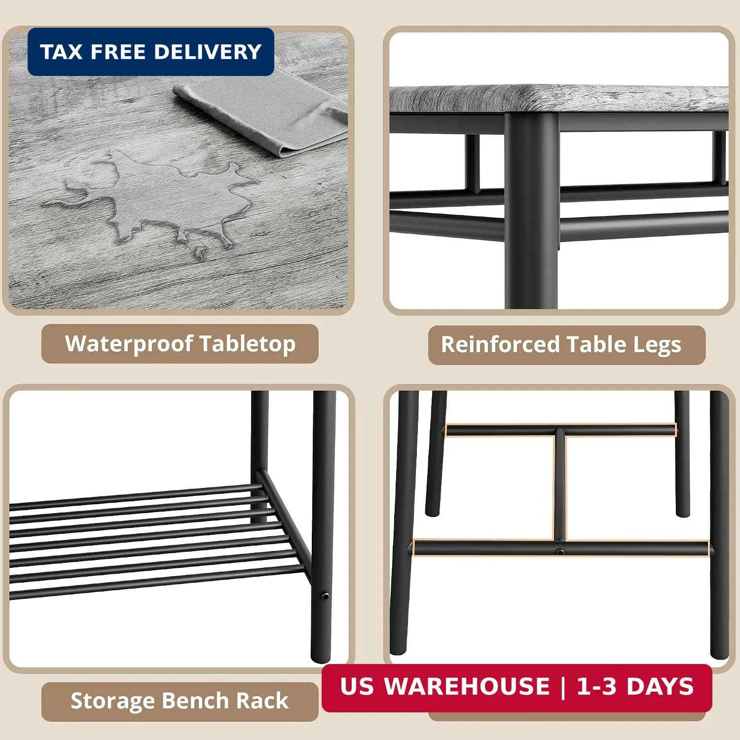 4 Piece Dining Table Set with Upholstered Bench 2 Chairs Gray for Small Space