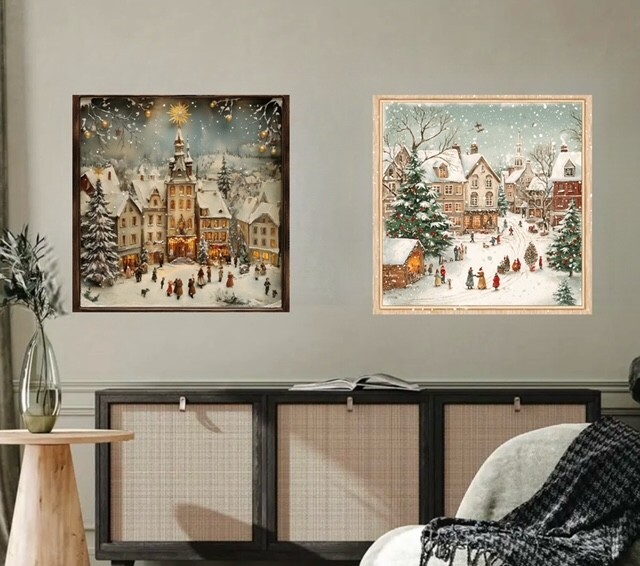 2PC 18ix18inch Winter Paint decal with frame style, wall mural, Holiday Wall De