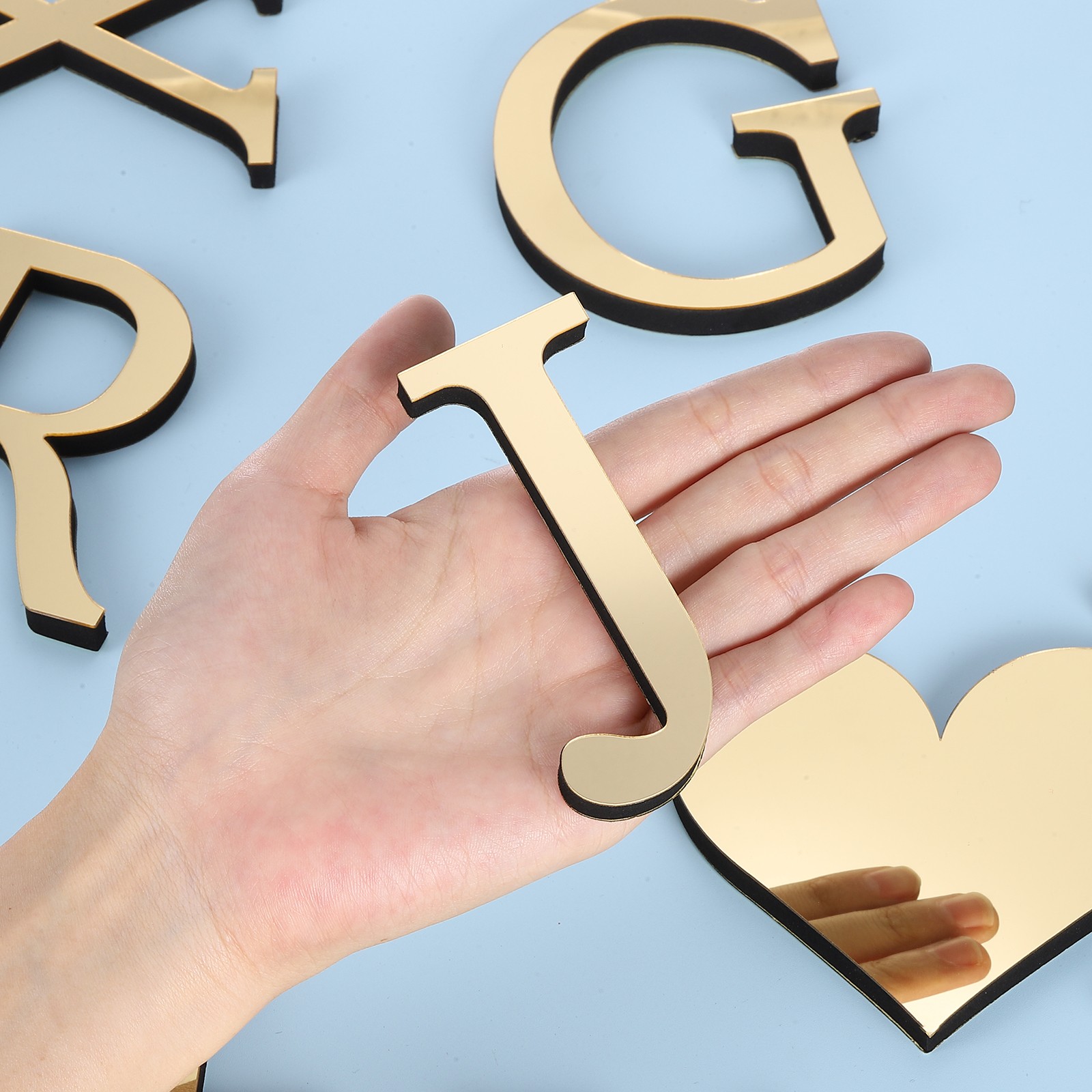 3D Acrylic Alphabet Mirror Wall Stickers Letter J Self-Adhesive Light Gold