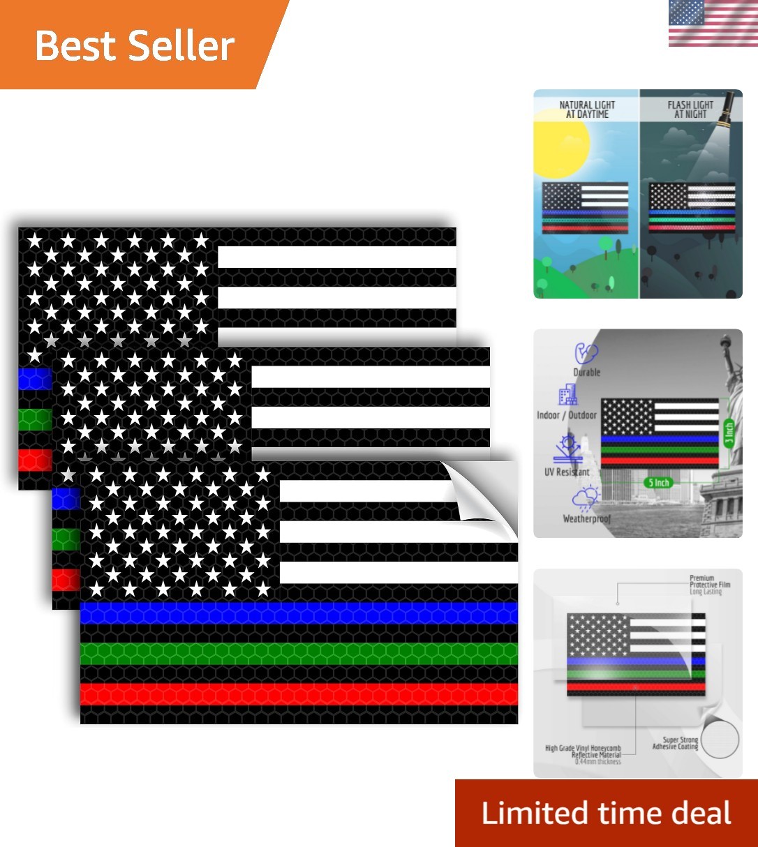 3PC Reflective Thin Line American Flag Sticker – 5×3 Inches – Blue Green and …