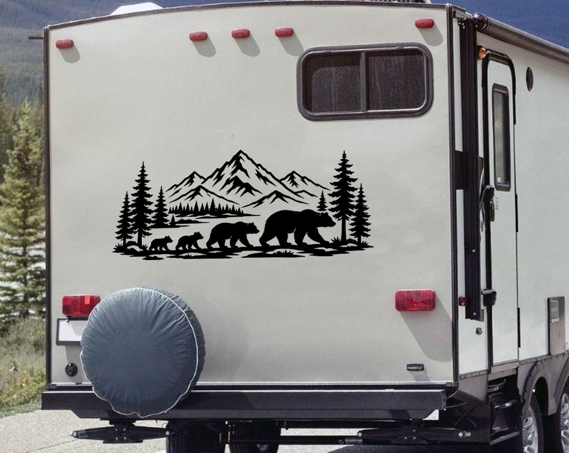 Bear Family Mountains Forest V9 Vinyl Decal Wildlife Adventure Window RV Camper