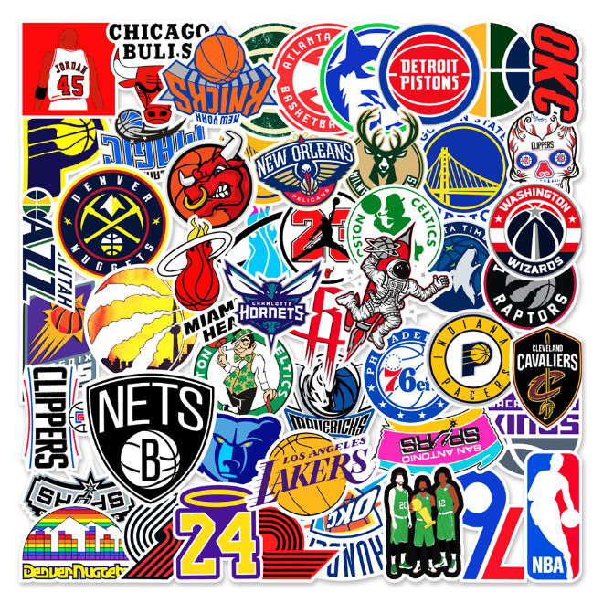 50 Pcs Stickers NBA 30 Teams LOGO Basketball Luggage Car Laptop Skateboard Vinyl