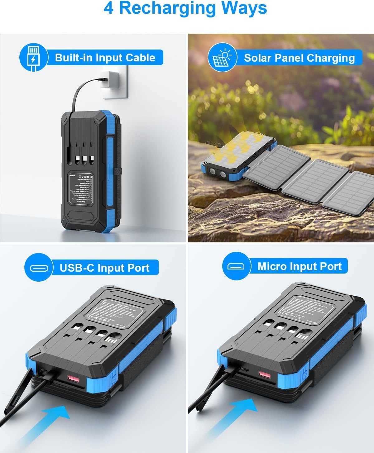 Solar Charger Power Bank 49800Mah with 4 Built-In Cables & 3 Foldable Panels, PD