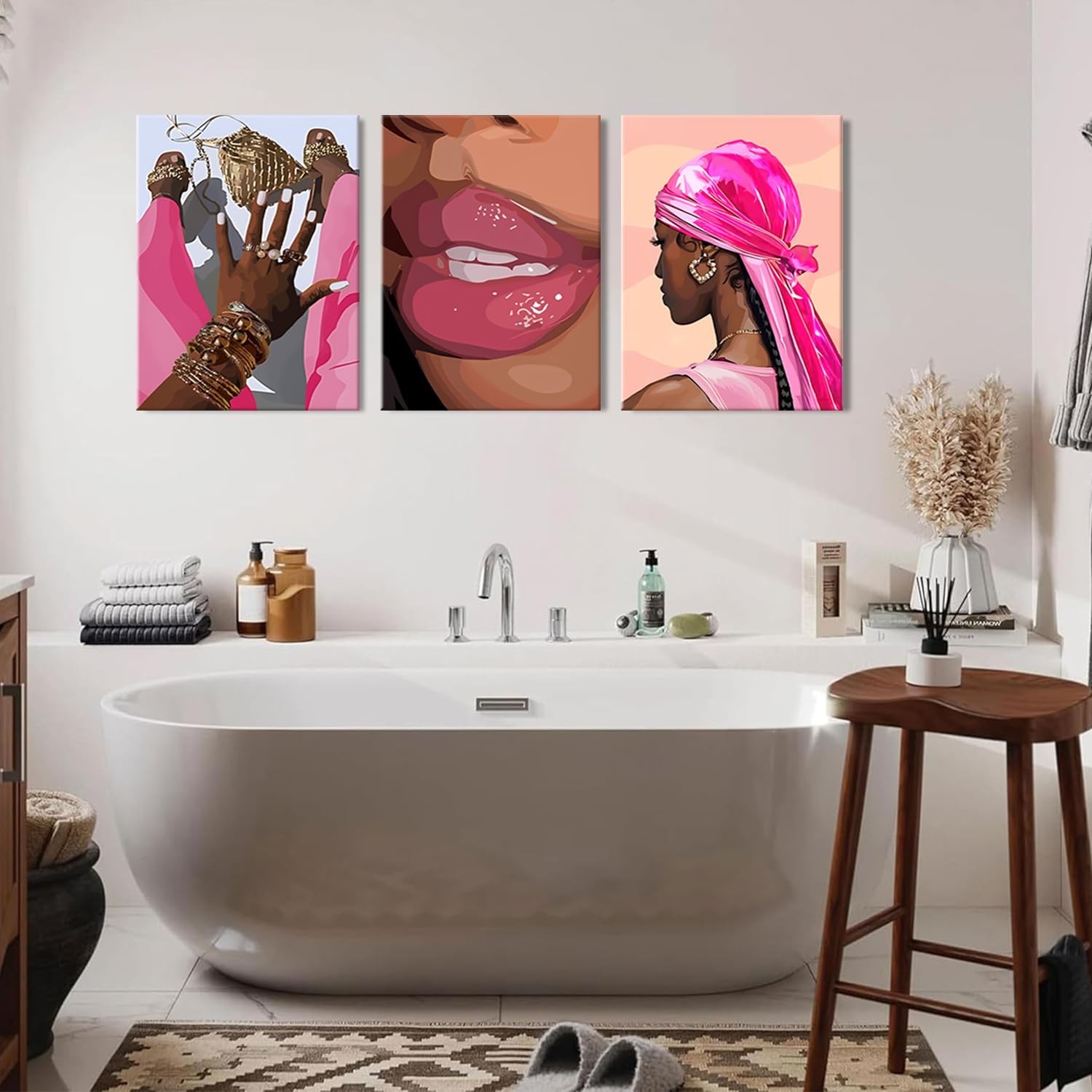 Black Girl Canvas Wall Art Set of 3 Pink African American Black Woman Wall De…