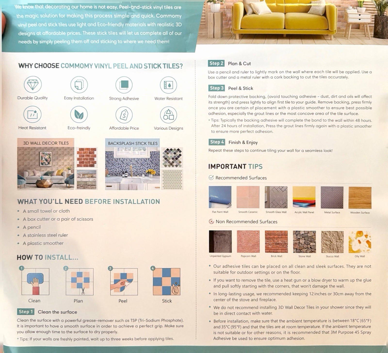 Commomydecor Vinyl Peel & Stick Wall Tiles – Green Subway – 4 Sheets – New