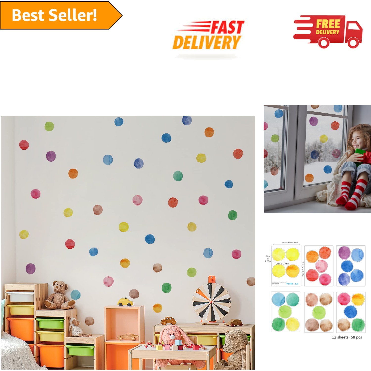 Vibrant Polka Dot Wall Decals – 12 Sheets of Colorful Watercolor Stickers
