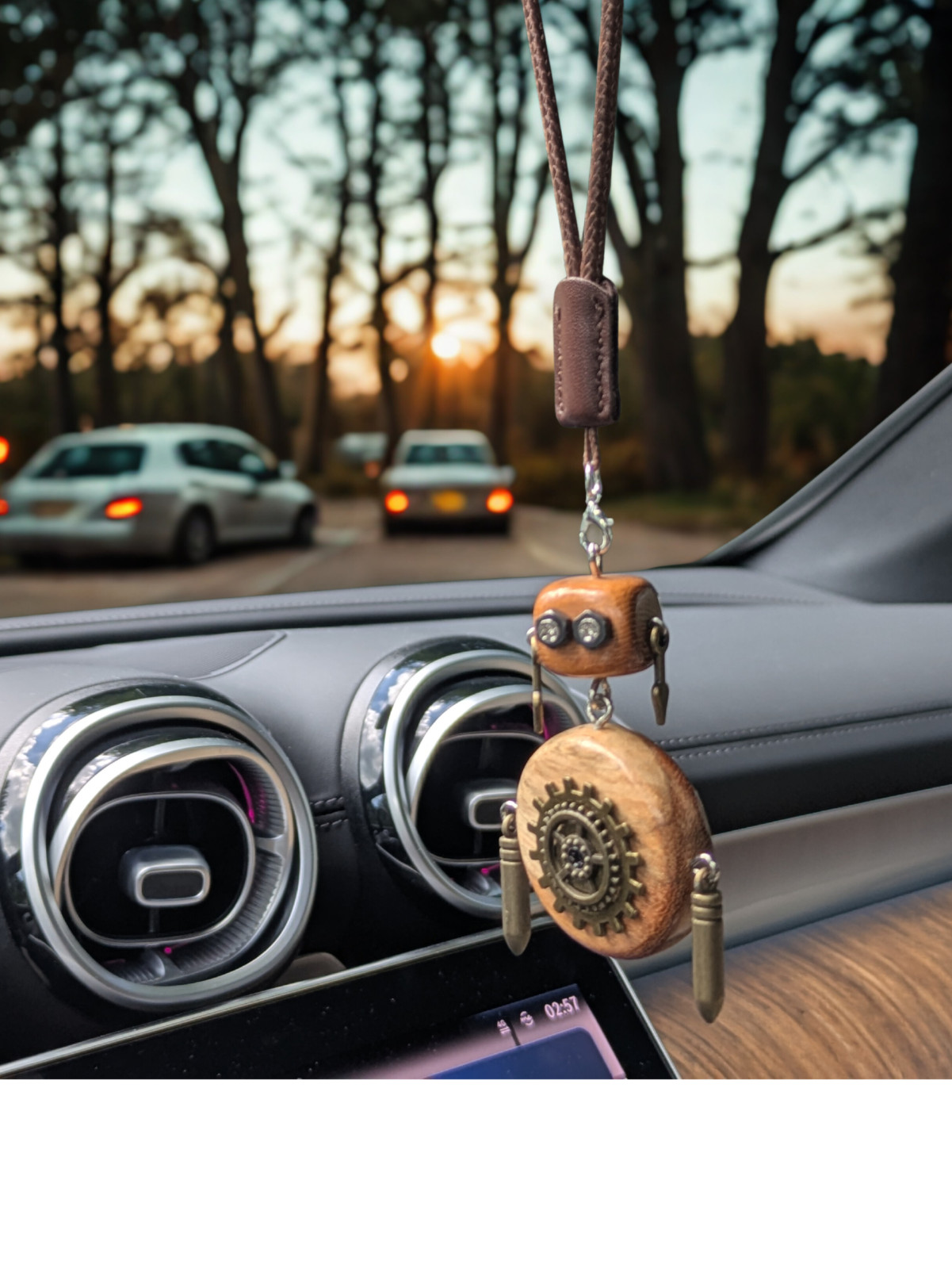 Handcrafted Wooden Mechanical Robot Car Rearview Mirror Accessory; Desk Decor