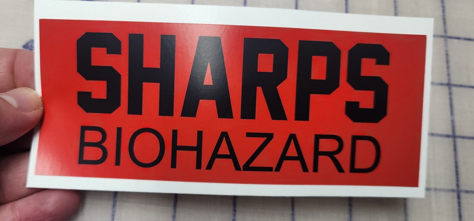 Sharps Biohazard vinyl sticker 6" long for container peel and stick