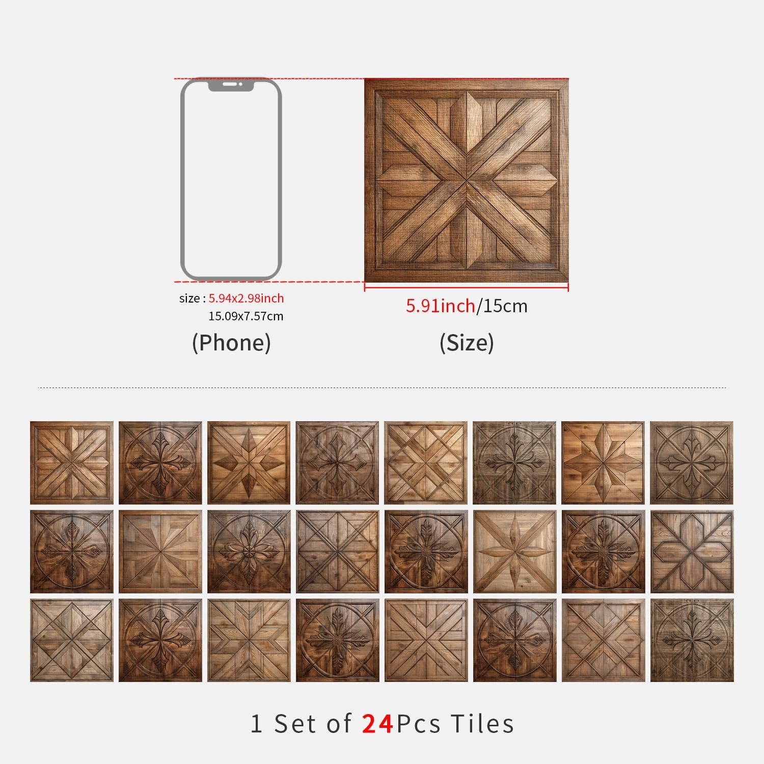 Self Adhesive Tiles Stickers, 5.91×5.91 inch, 24pcs