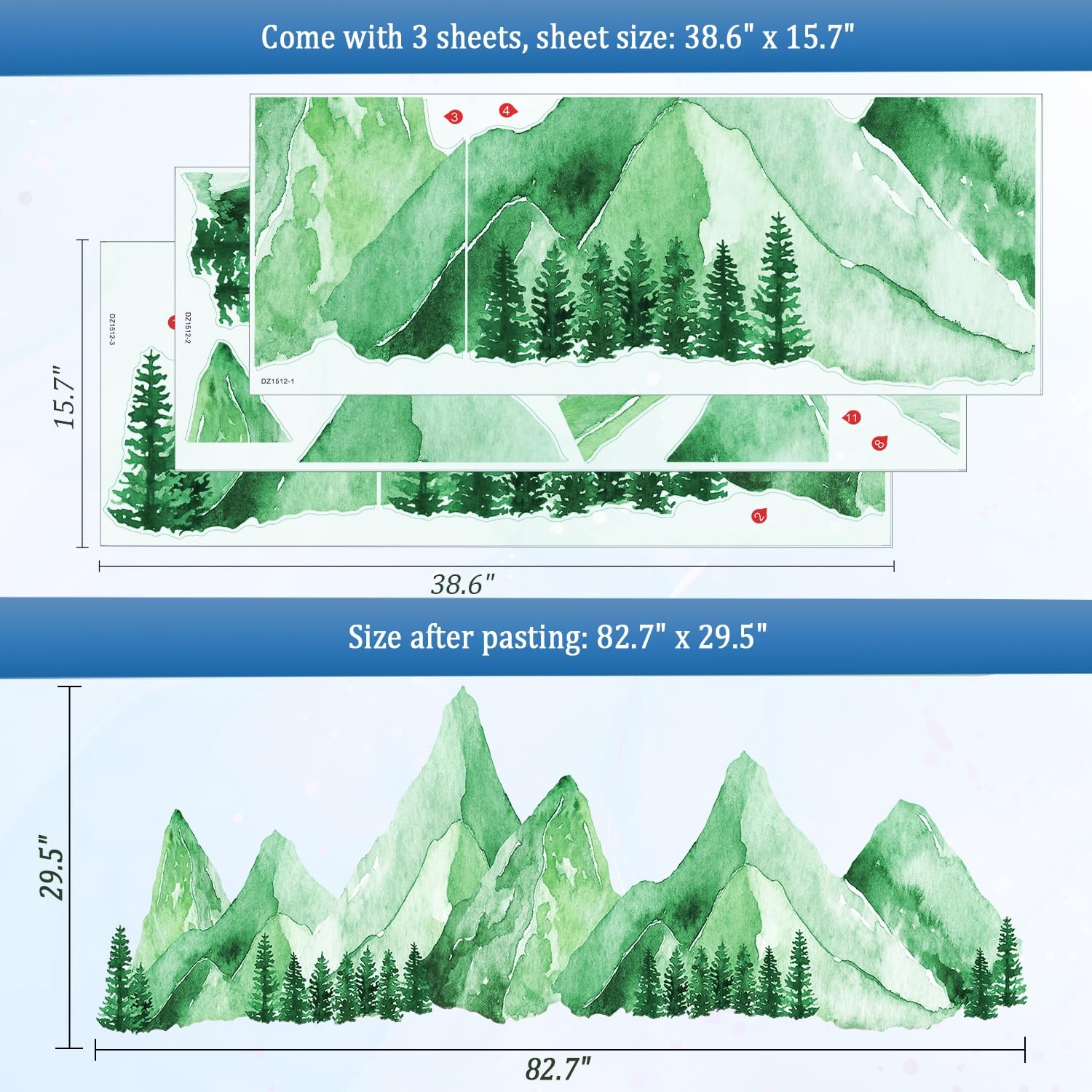 Green Watercolor Mountain Wall Decals Peel and Stick – Scenic Forest Range Mu…