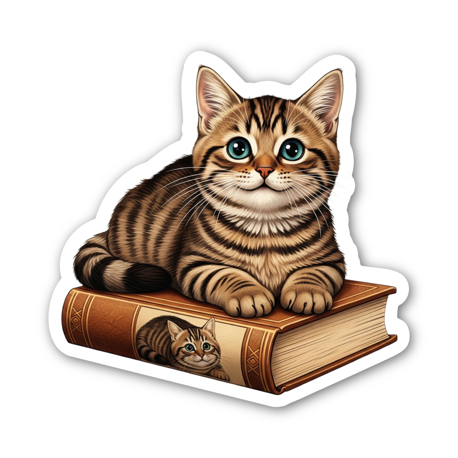 Book lover brown tabby cat vinyl sticker for water bottle, laptop, phone case