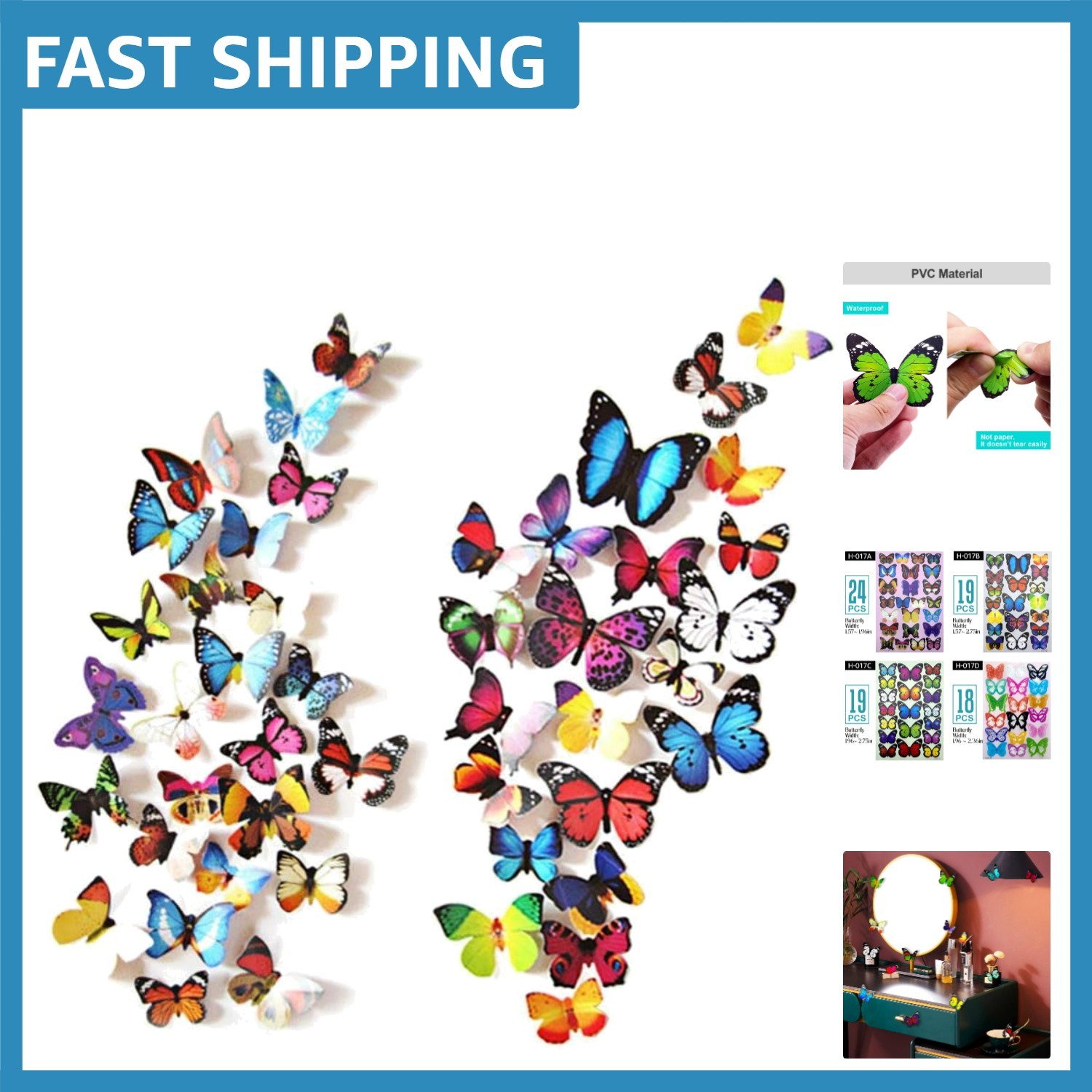 80pcs Lifelike Colorful Butterfly Wall Stickers – Waterproof & Removable Décor