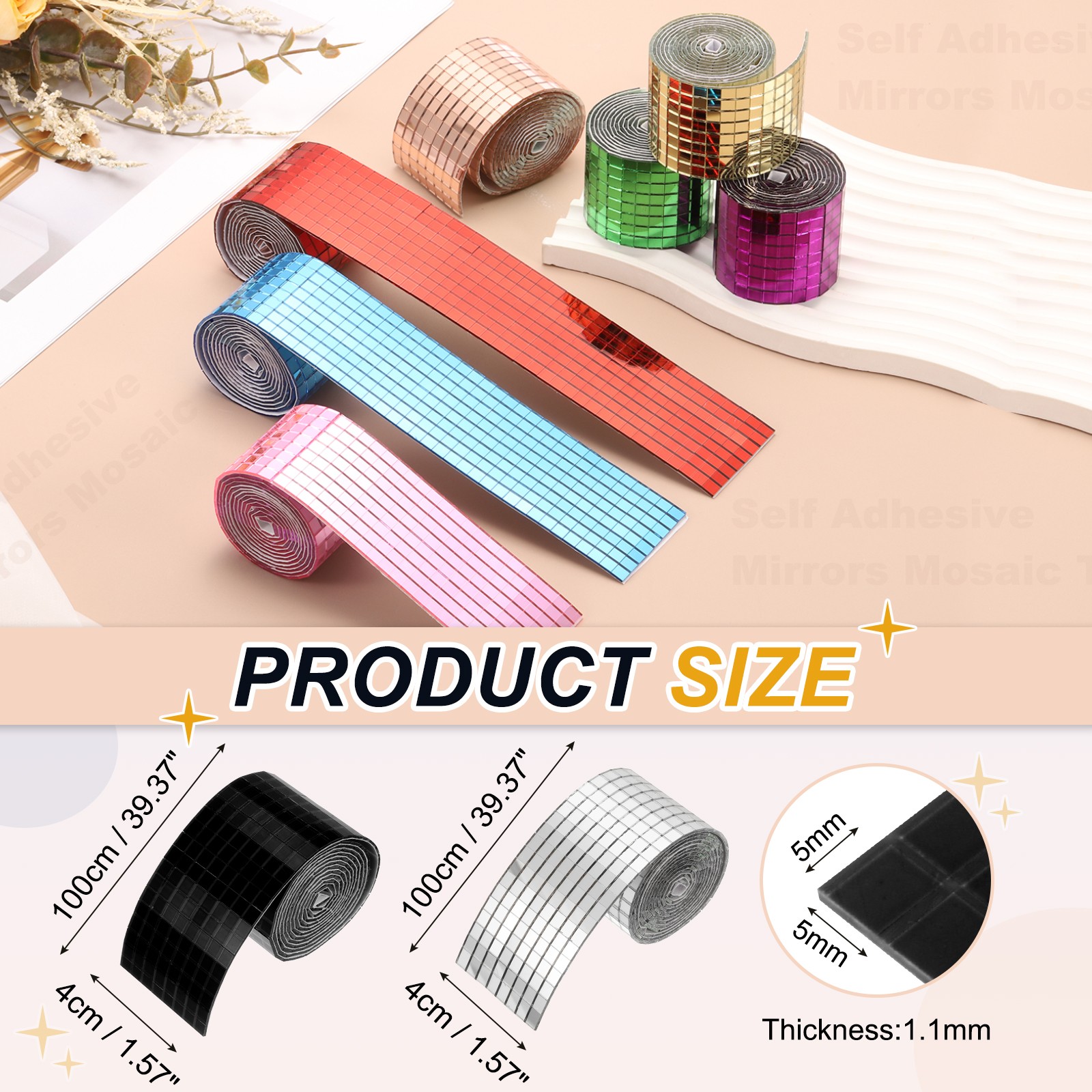 5x5mm Self Adhesive Mirrors Mosaic Tiles, 3200 Pcs Mosaic Sticker, Black Silver