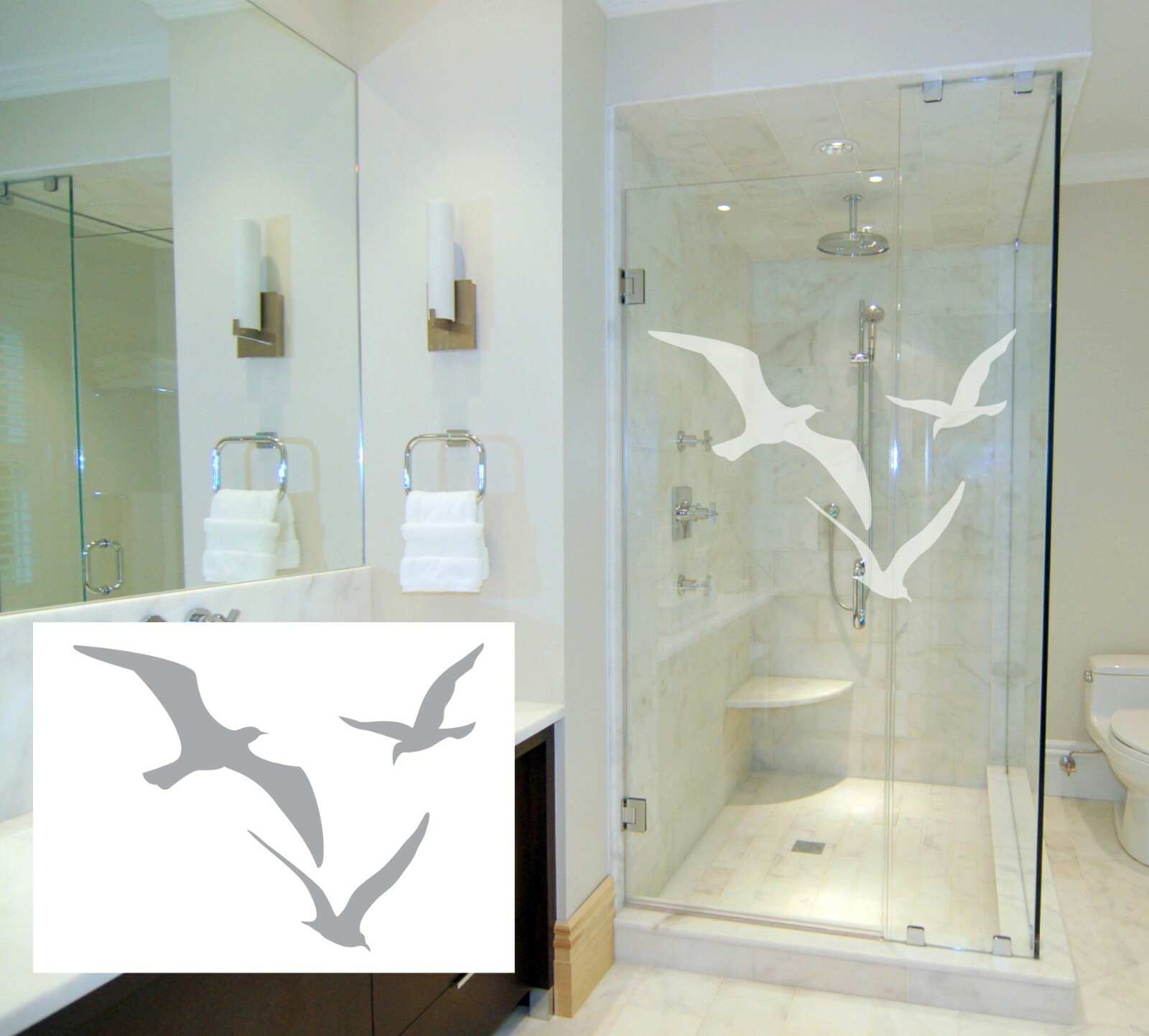 3 Sea Gulls 20" tall x 26.5" wide Etched Glass Decal – For Shower Doors Windows