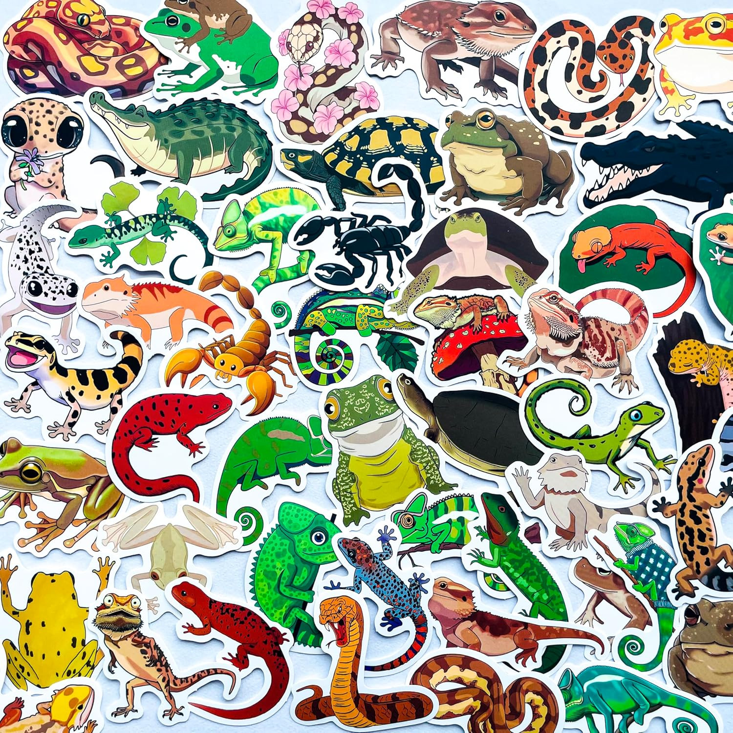 50pcs Reptile & Amphibian Stickers – Waterproof Vinyl Lizard, Gecko, Frog, Snake