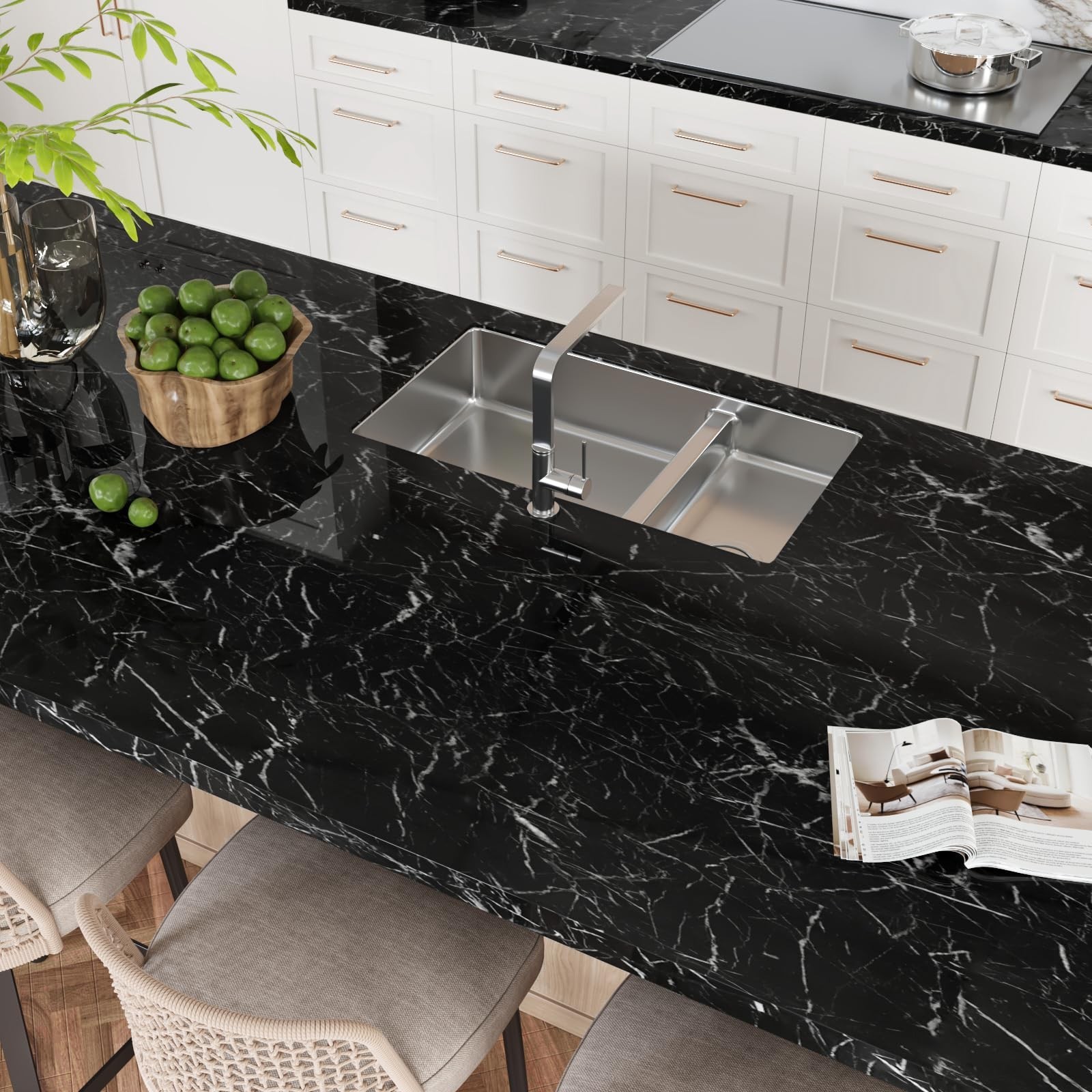 CRE8TIVE Glossy Black Marble Contact Paper Peel and Stick Black Marble Wallpa…