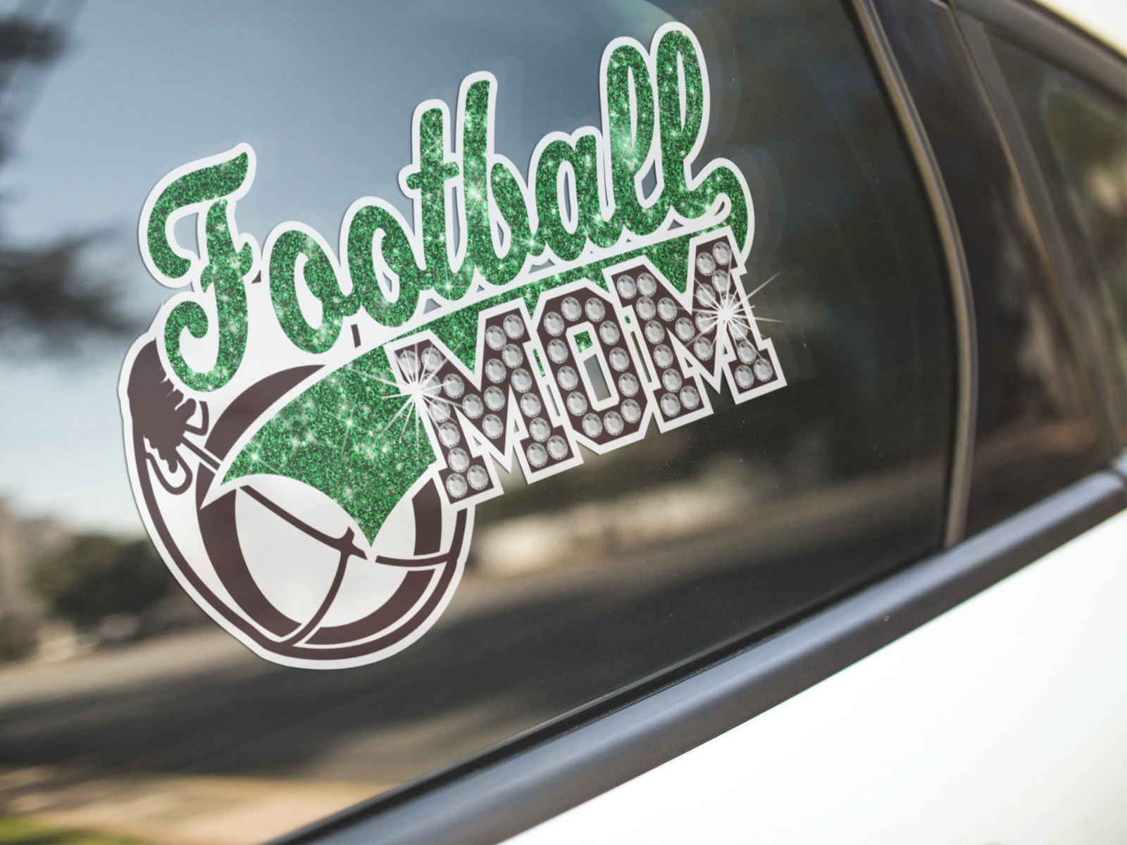 Football Mom glitter rhinestone decal car tumbler stick on blue green silver
