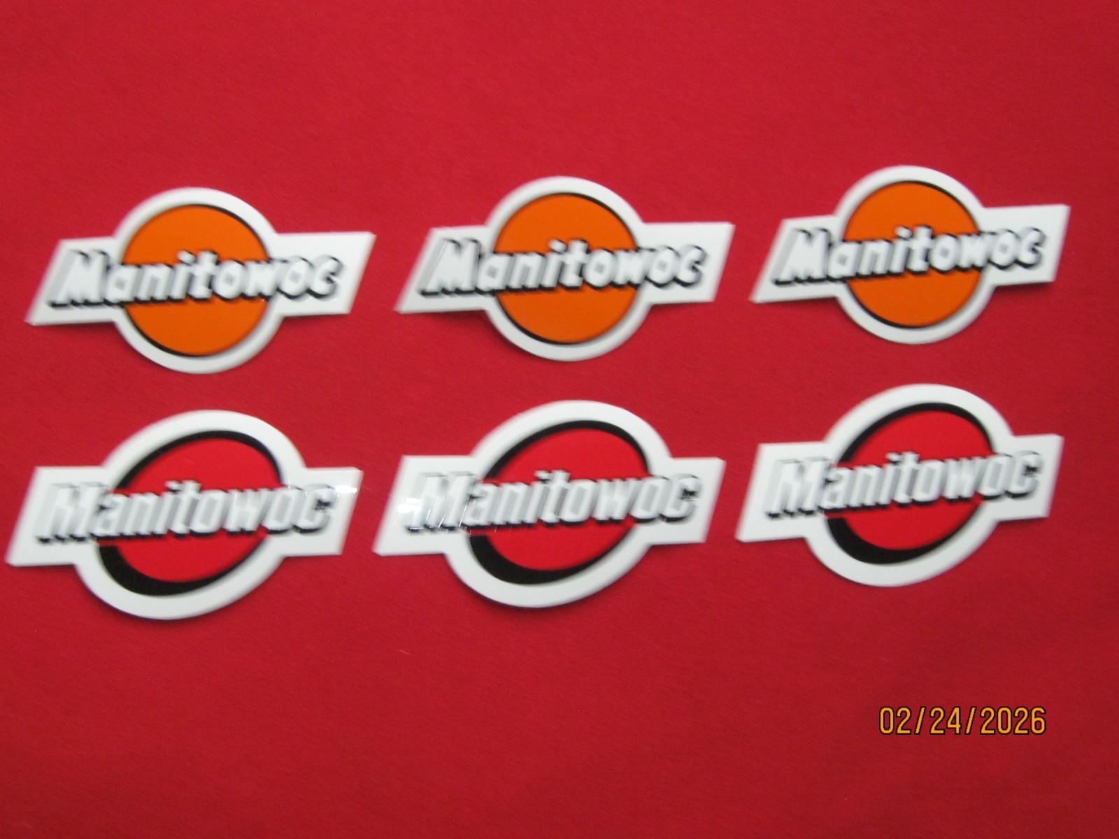 SET OF 6 MANITOWOC CRANE 3" DECALS 3 PC. ORANGE BALL 3 PC. RED BALL LOGO