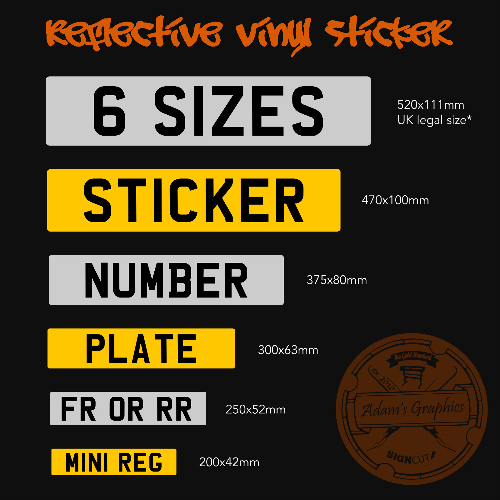 Adesivo Targa – 3 Misure – Mini Piccolo UK Completo Misura Riflettente Vinile