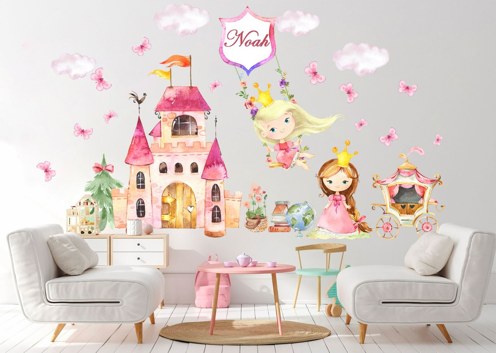 Princess Castle Personalisation Name Carriage Flowers Nursery Wall Decal Sticker