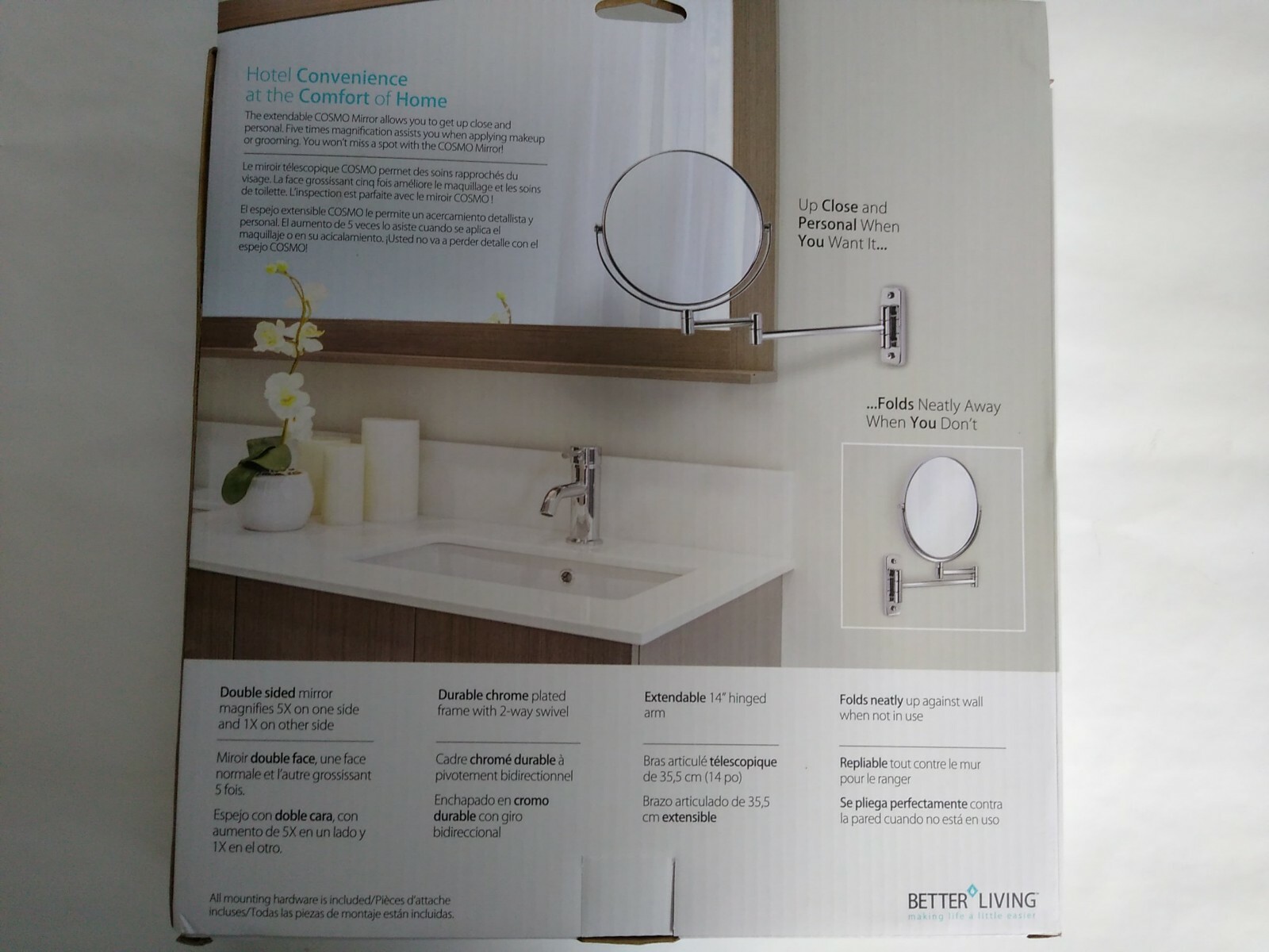Better Living Products Cosmo Wall Mount Mirror with Folding Arm, Chrome