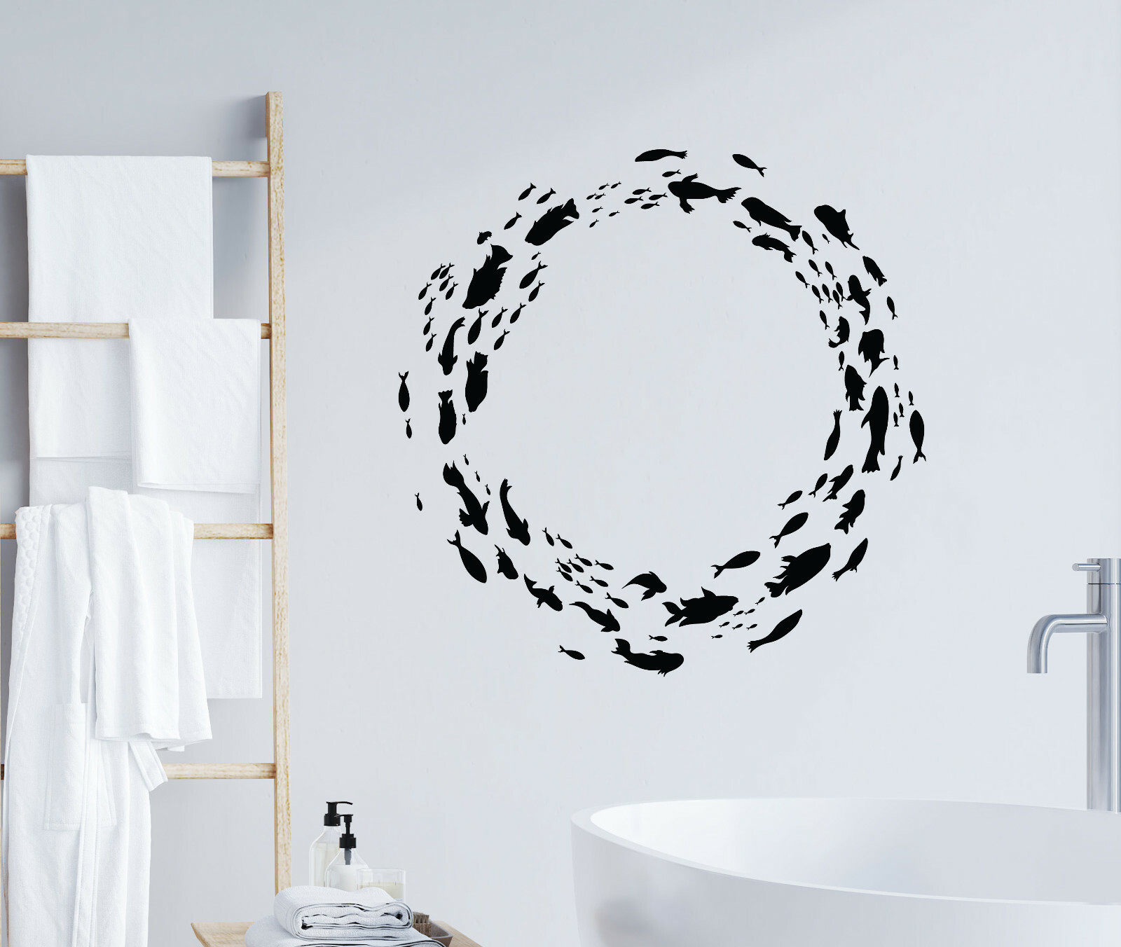 Wall Decal Bathroom Circle Fishes Ocean Marine Vinyl Decor 22.5 in x 23 in gz385