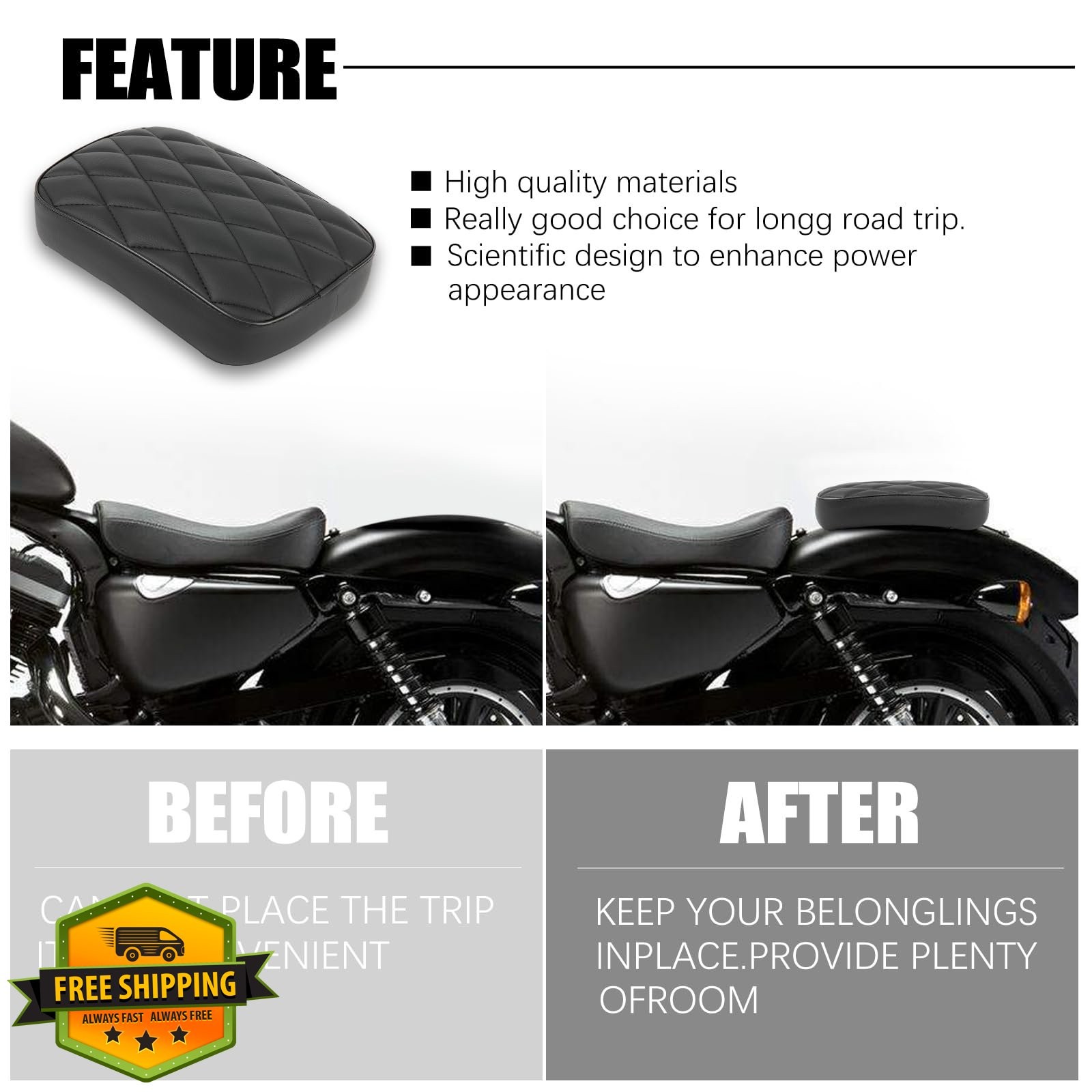 DREAMIZER Motorcycle Passenger Seat 8 Suction Cups Black Diamond Harley Dyna