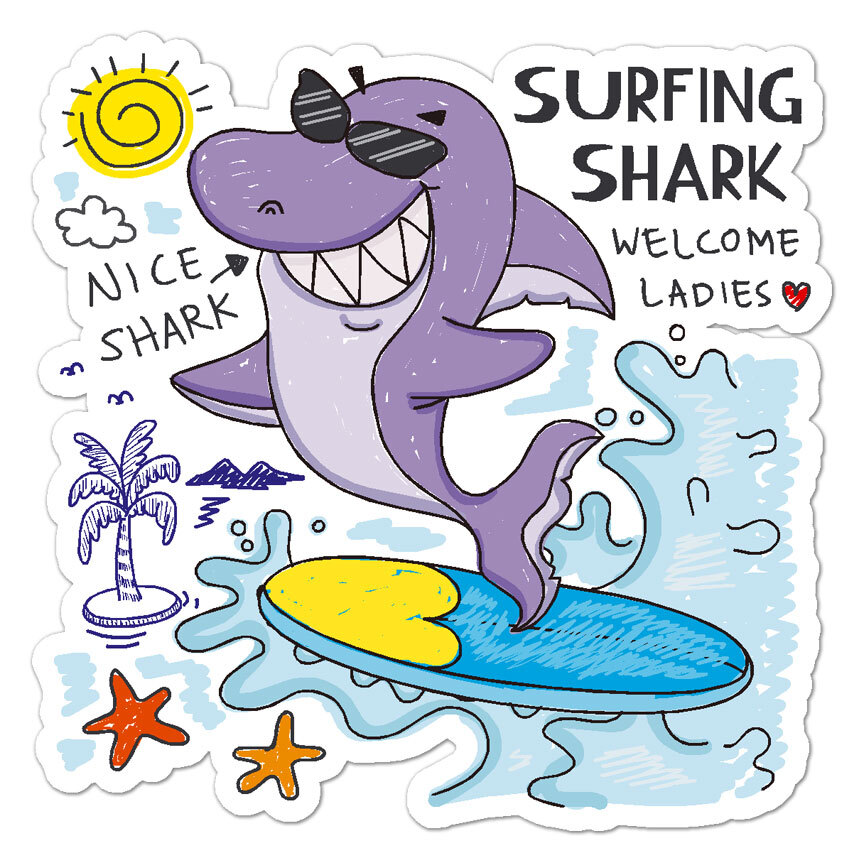 Surf Surfing Shark, Vinyl Decal Sticker, Indoor Outdoor, 3 Sizes, #8916