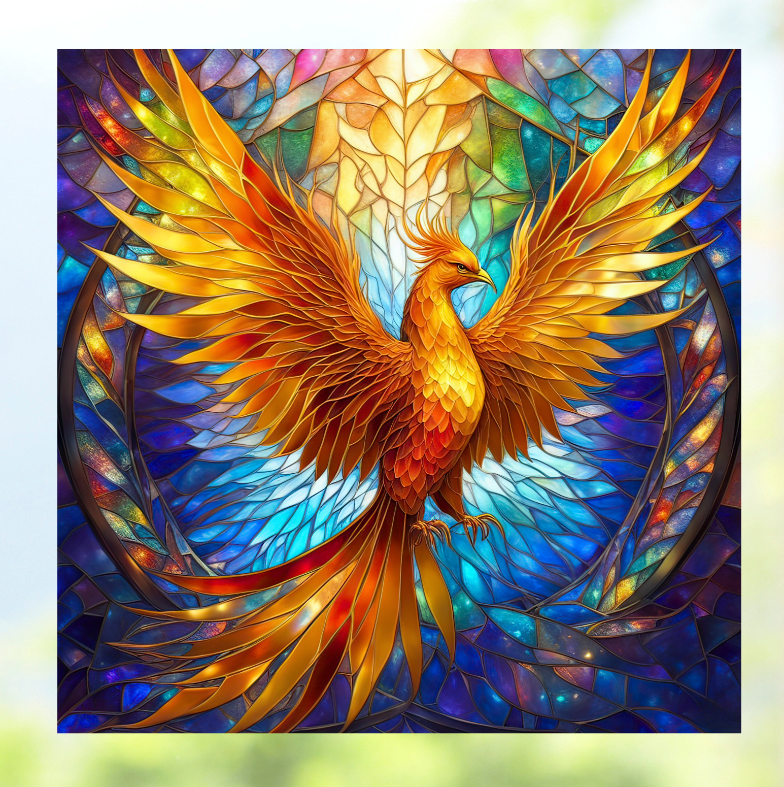 Pheonix Faux Stained-Glass WINDOW CLING Size 8" Square Repositionable Vinyl