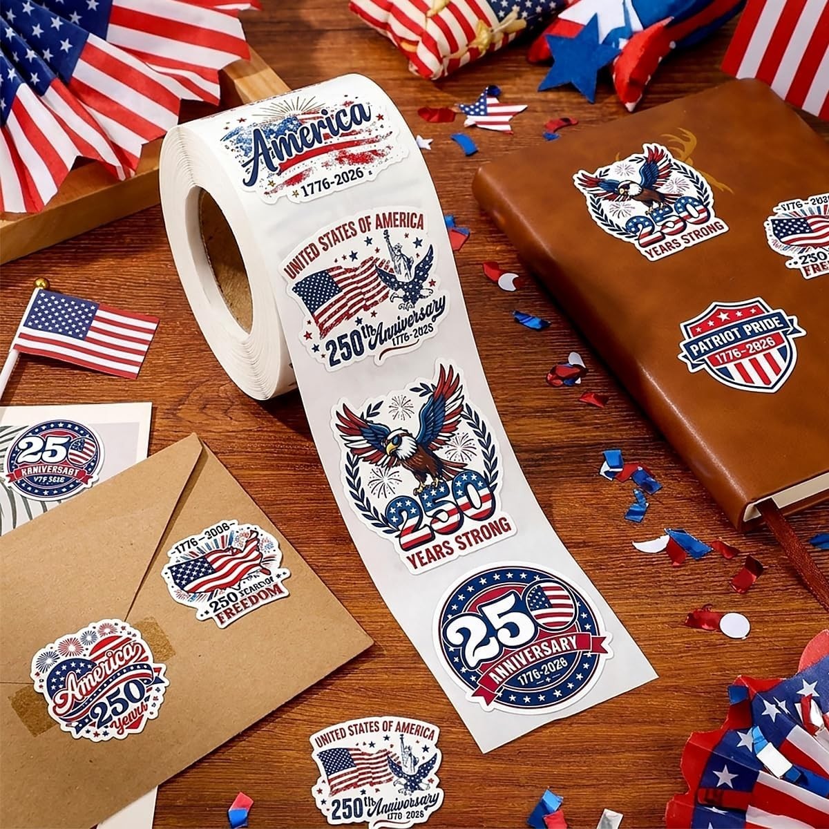 500PCS Patriotic USA Stickers Roll American Flag 250th Anniversary Decals 2026