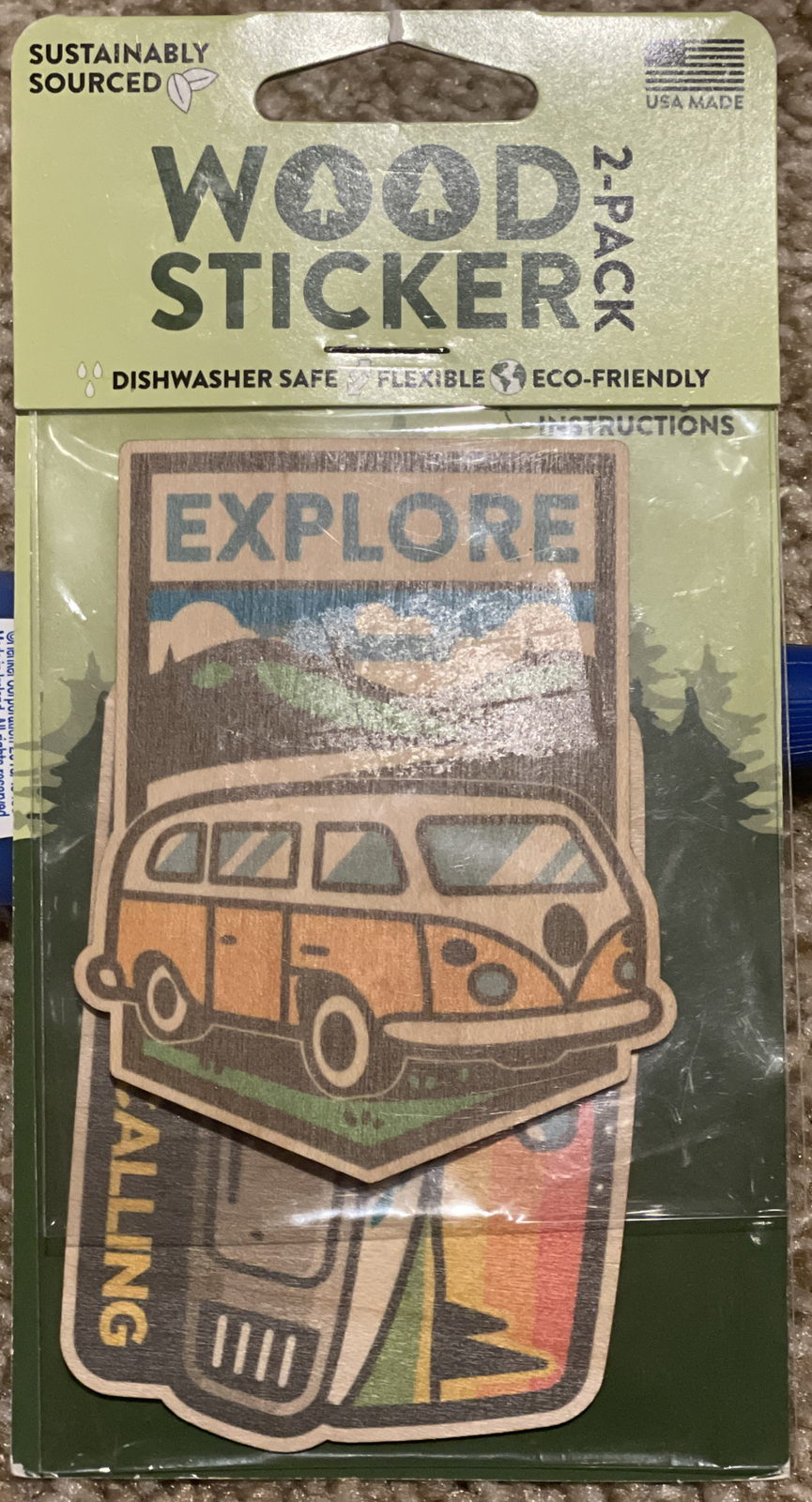 SUSTAINABLY SOURCED WOOD STICKER 2-PACK RETRO BUS THE ROAD IS CALL 3M DECAL USA
