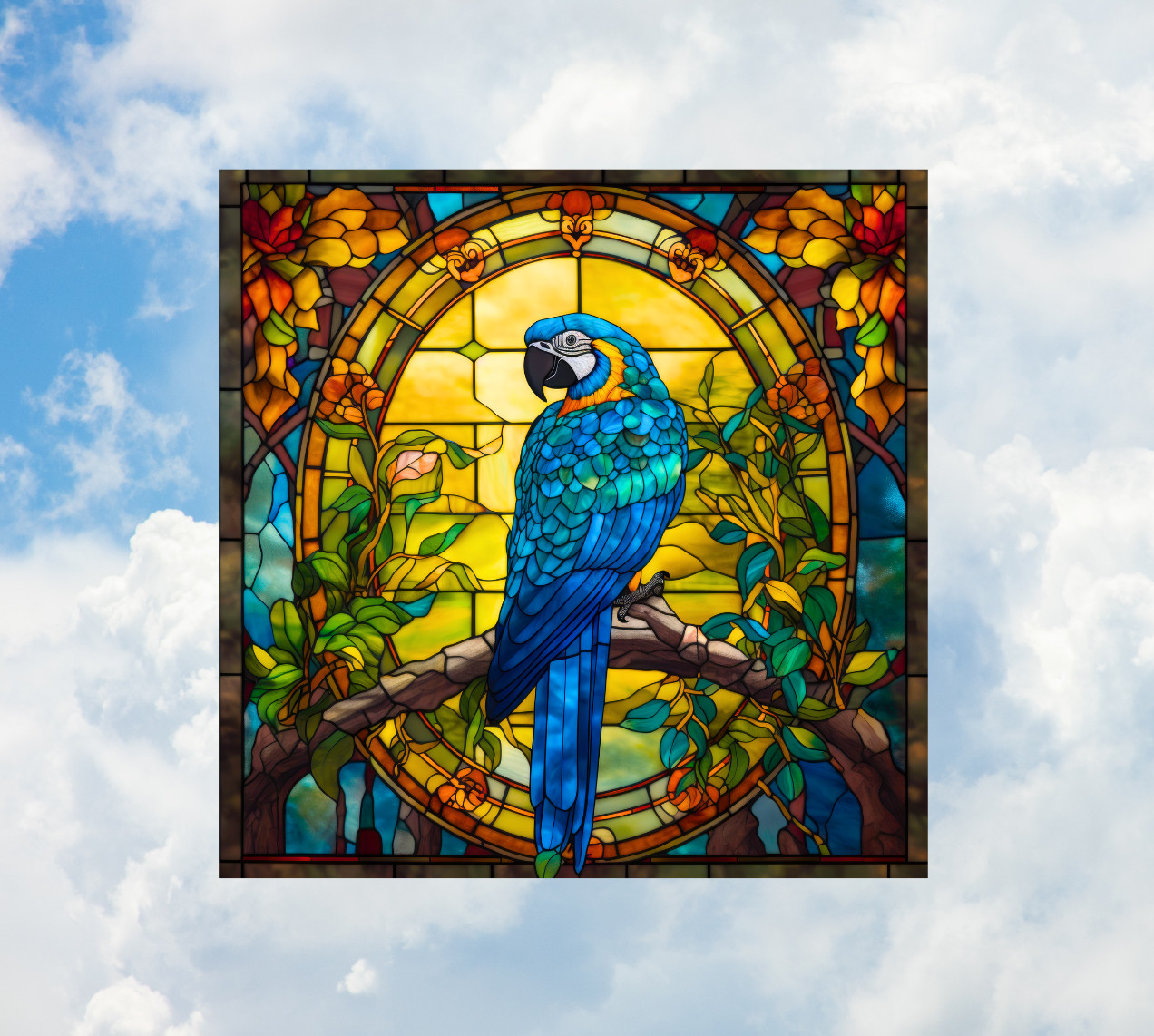 Blue Macaw Parrot Faux Stained-Glass WINDOW CLING Size 8" Square Vinyl