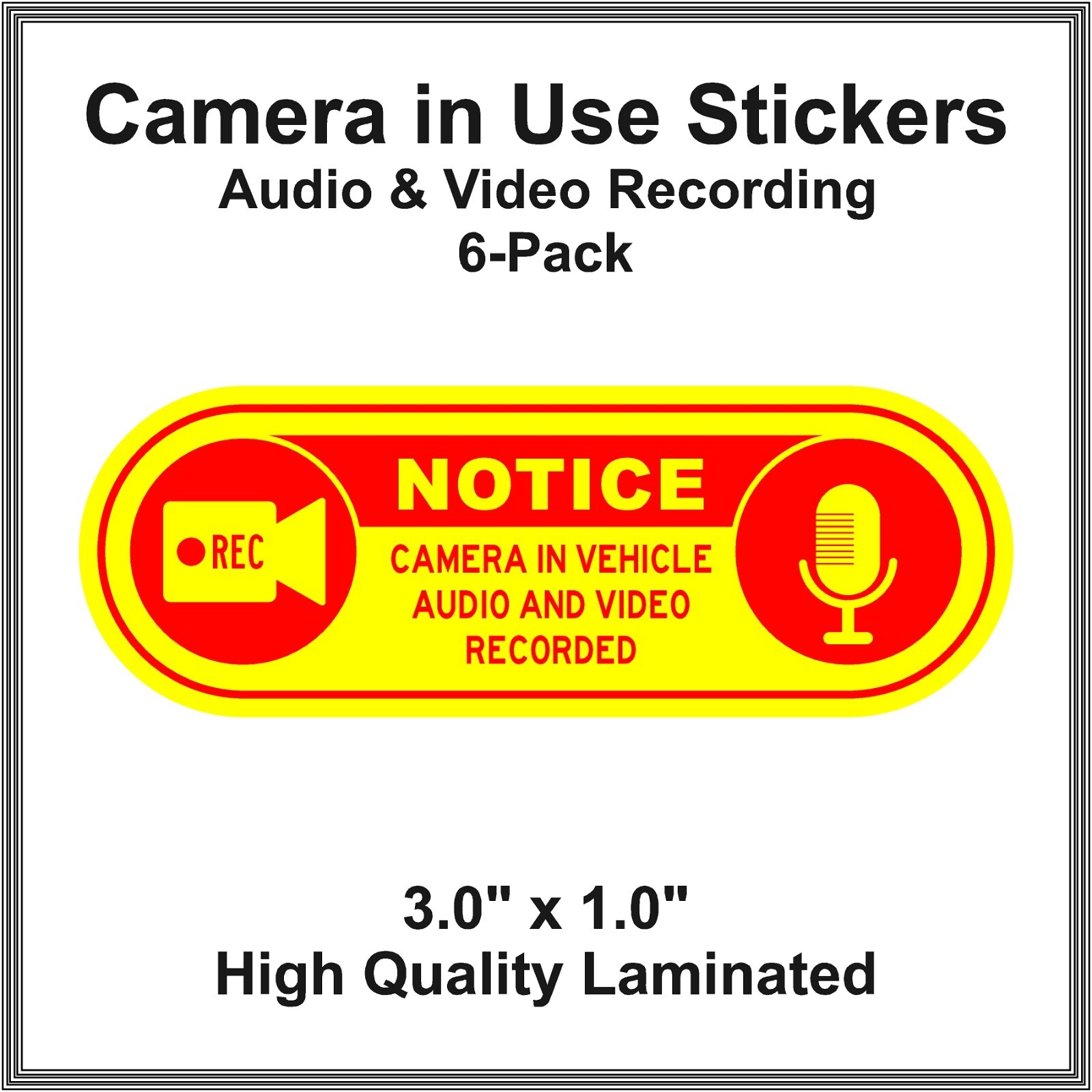 Camera in Car Recording Video 6-Pack Decals Yellow & Red 3.0" x 1.0" for Uber
