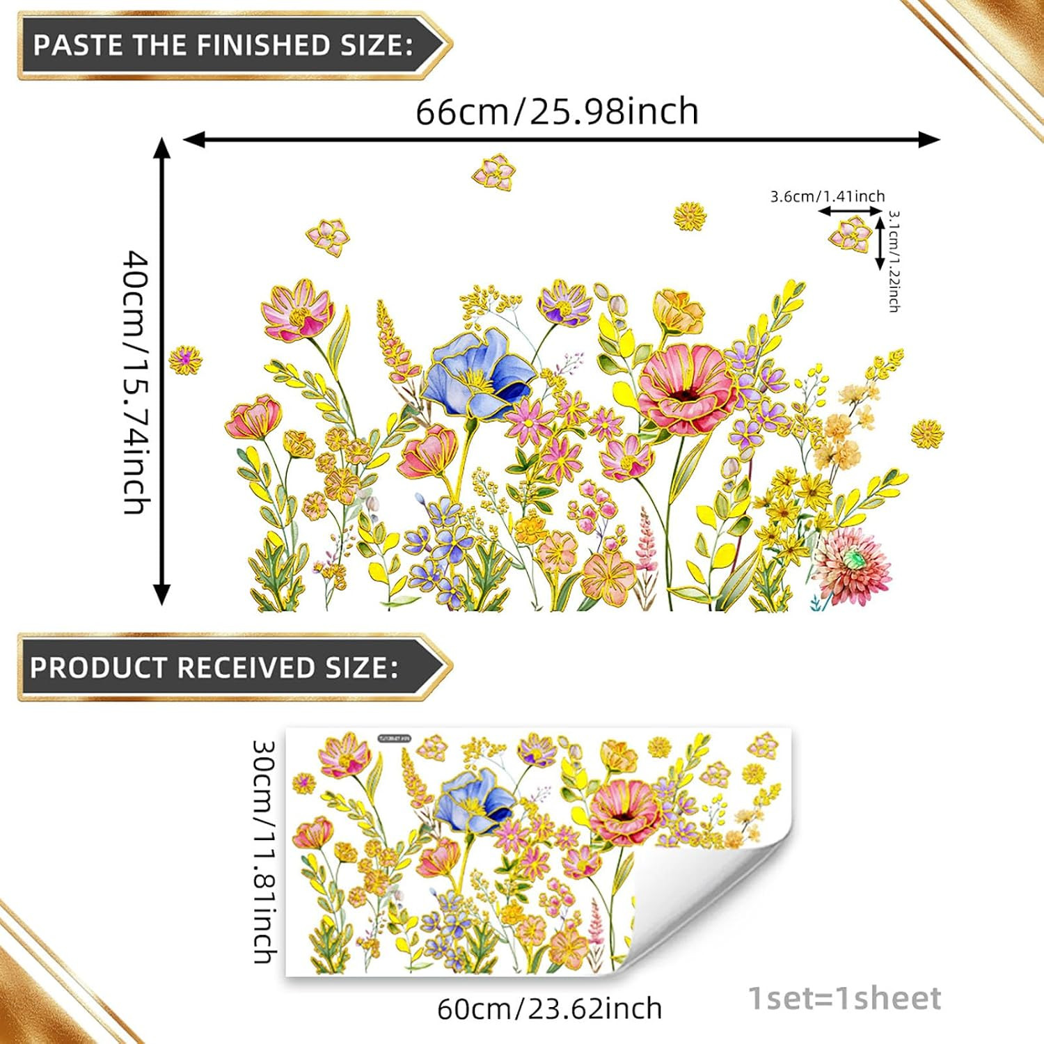 Gold Flower Wall Decals Blue Pink Floral Wall Sticker Creative Lotus Peel and St