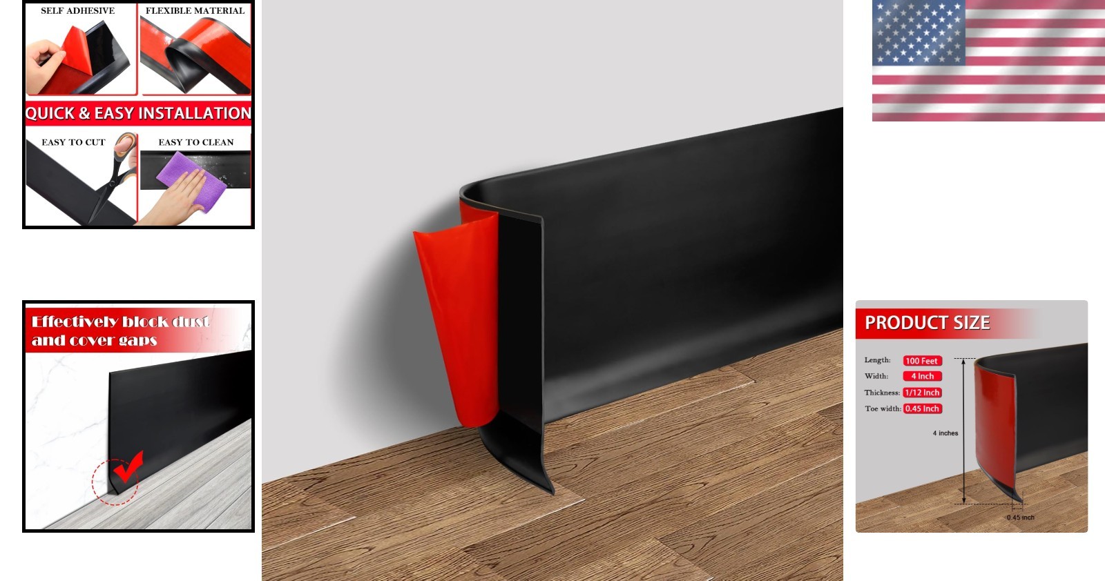 Decorative Vinyl Baseboard 4 Inch x 100 Feet Black Self Adhesive Flexibility